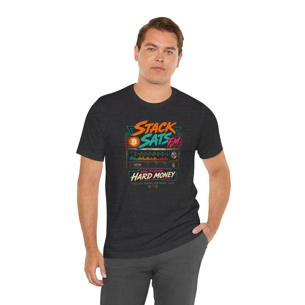 Stack Sats FM Radio cassette graphic T-shirt | Bitcoin hard money 80s retro Tee | Bella Canvas 3001