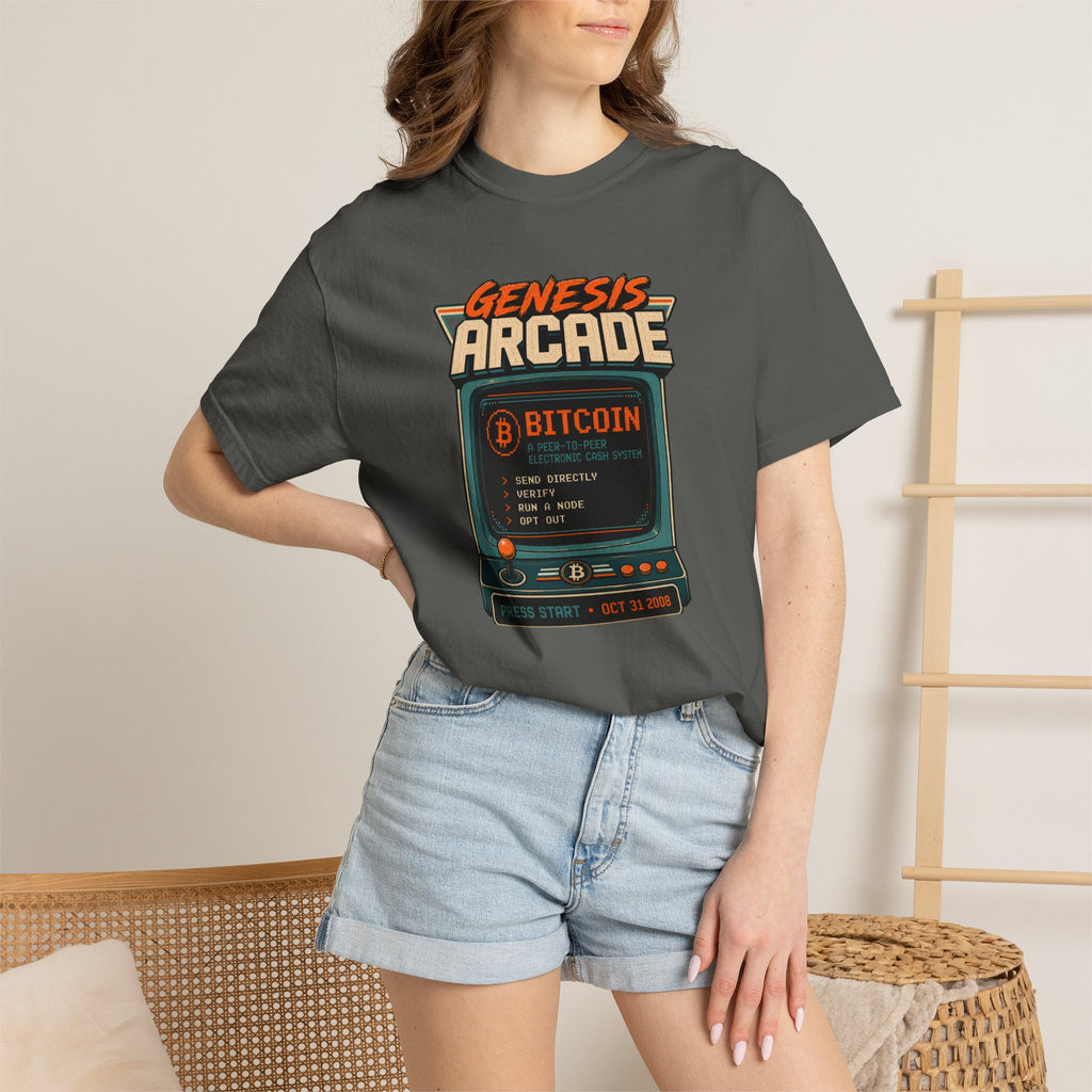 Bitcoin Genesis Block Heavyweight Retro Arcade T-Shirt | "Press Start" Bitcoin Tee | Comfort Colors 1717