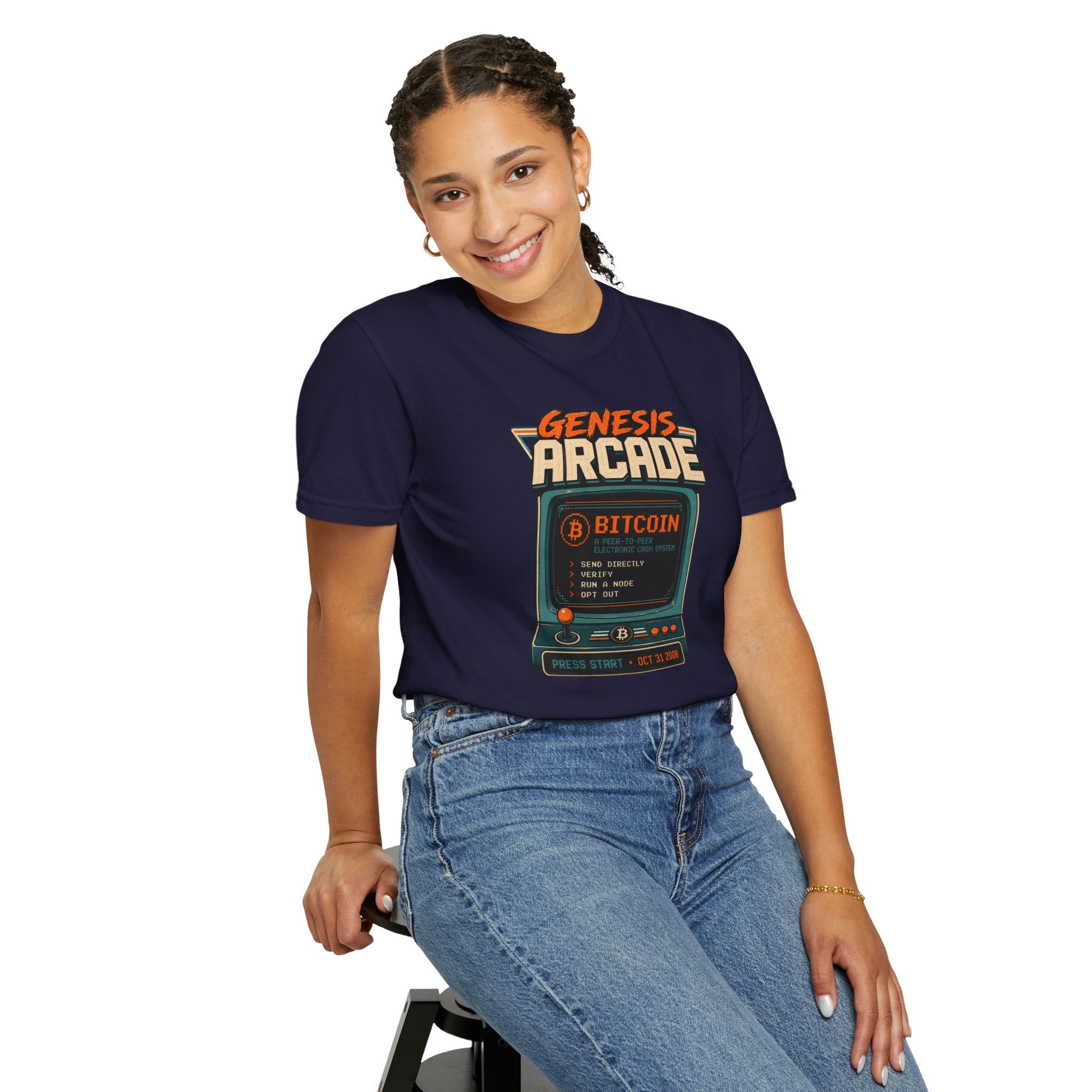 Bitcoin Genesis Block Heavyweight Retro Arcade T-Shirt | "Press Start" Bitcoin Tee | Comfort Colors 1717