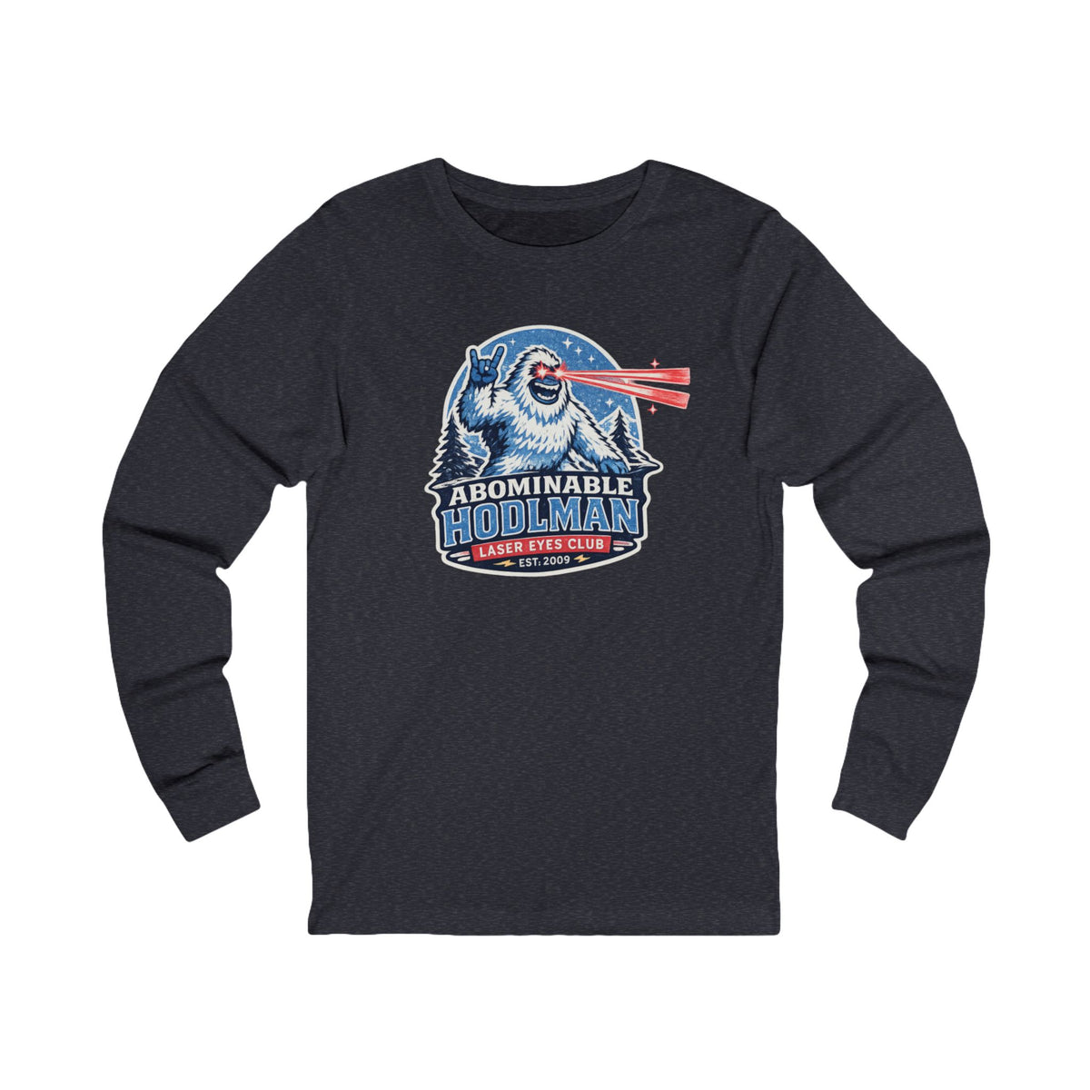 Abominable Hodlman Laser Eyes Club Bitcoin Tee | Yeti Holiday Shirt | Long Sleeve Shirt | Bella Canvas 3501