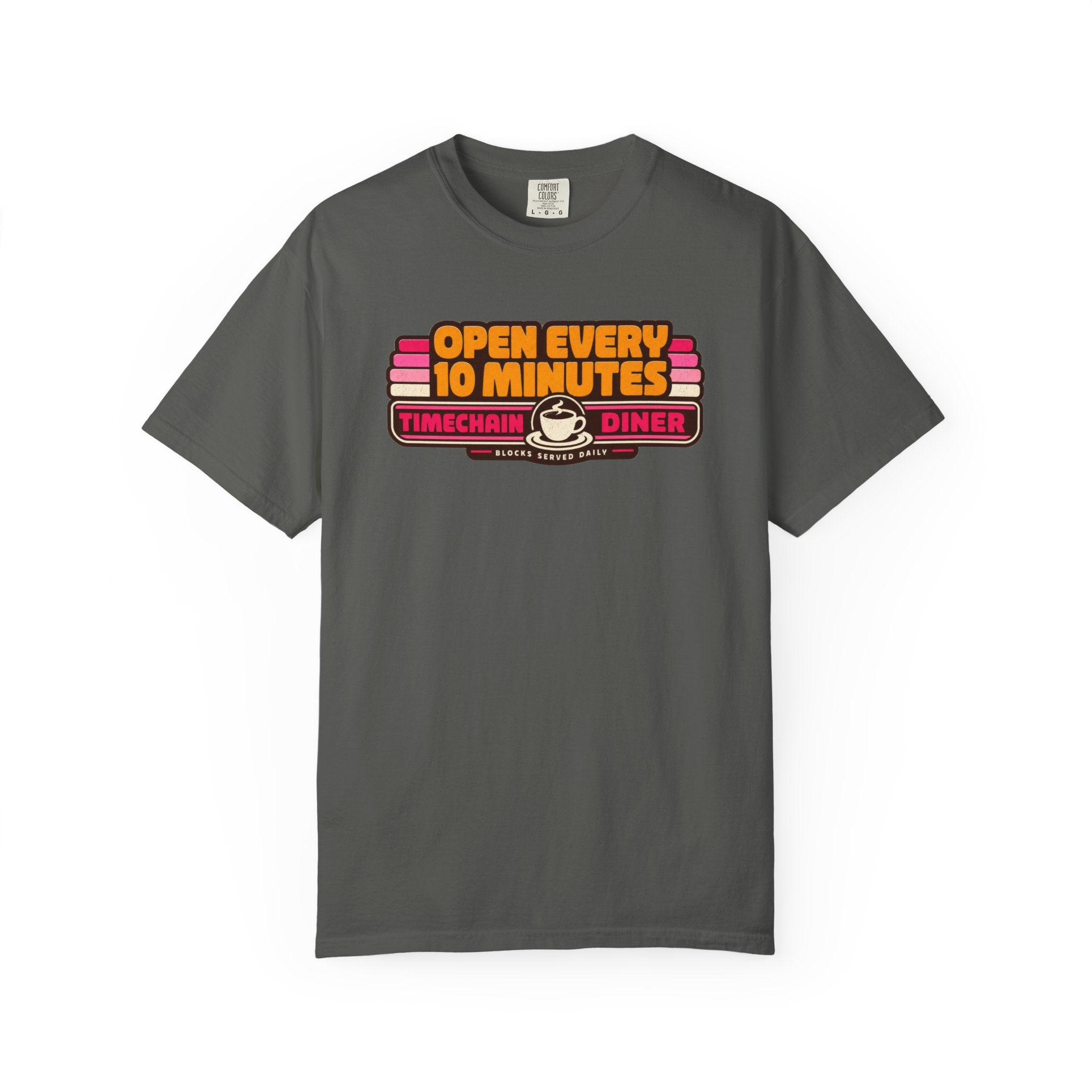 Incognito Heavyweight Open Every 10 Minutes Timechain Diner Tee | Retro Coffee T-Shirt | Comfort Colors 1717