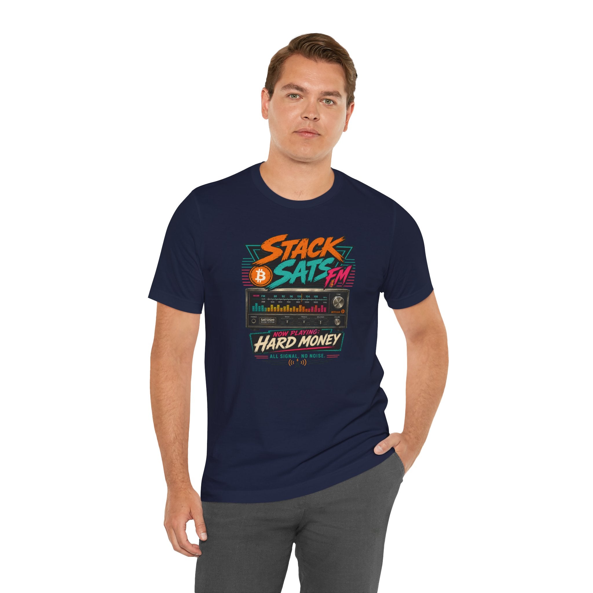 Stack Sats FM Radio cassette graphic T-shirt | Bitcoin hard money 80s retro Tee | Bella Canvas 3001