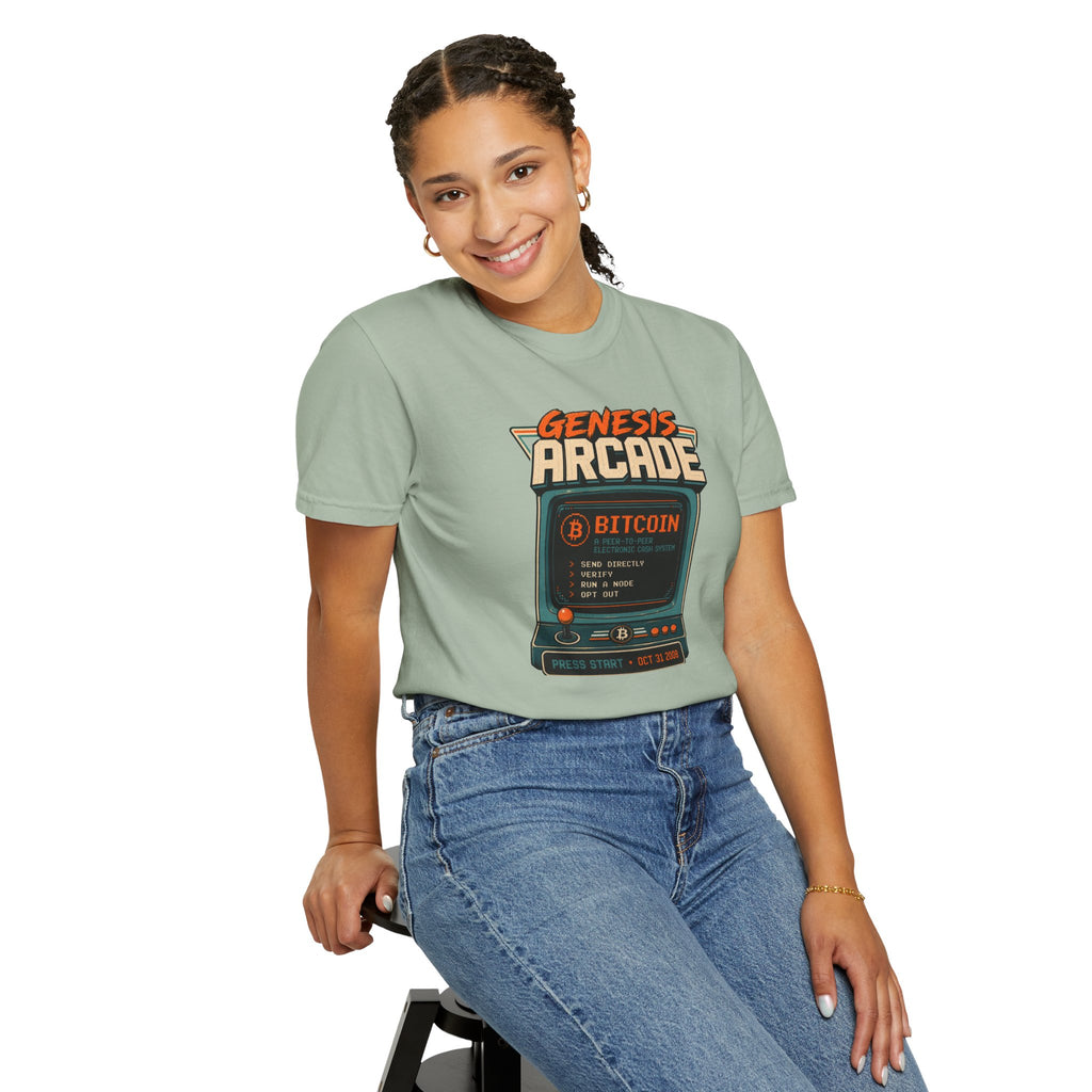 Bitcoin Genesis Block Heavyweight Retro Arcade T-Shirt | "Press Start" Bitcoin Tee | Comfort Colors 1717