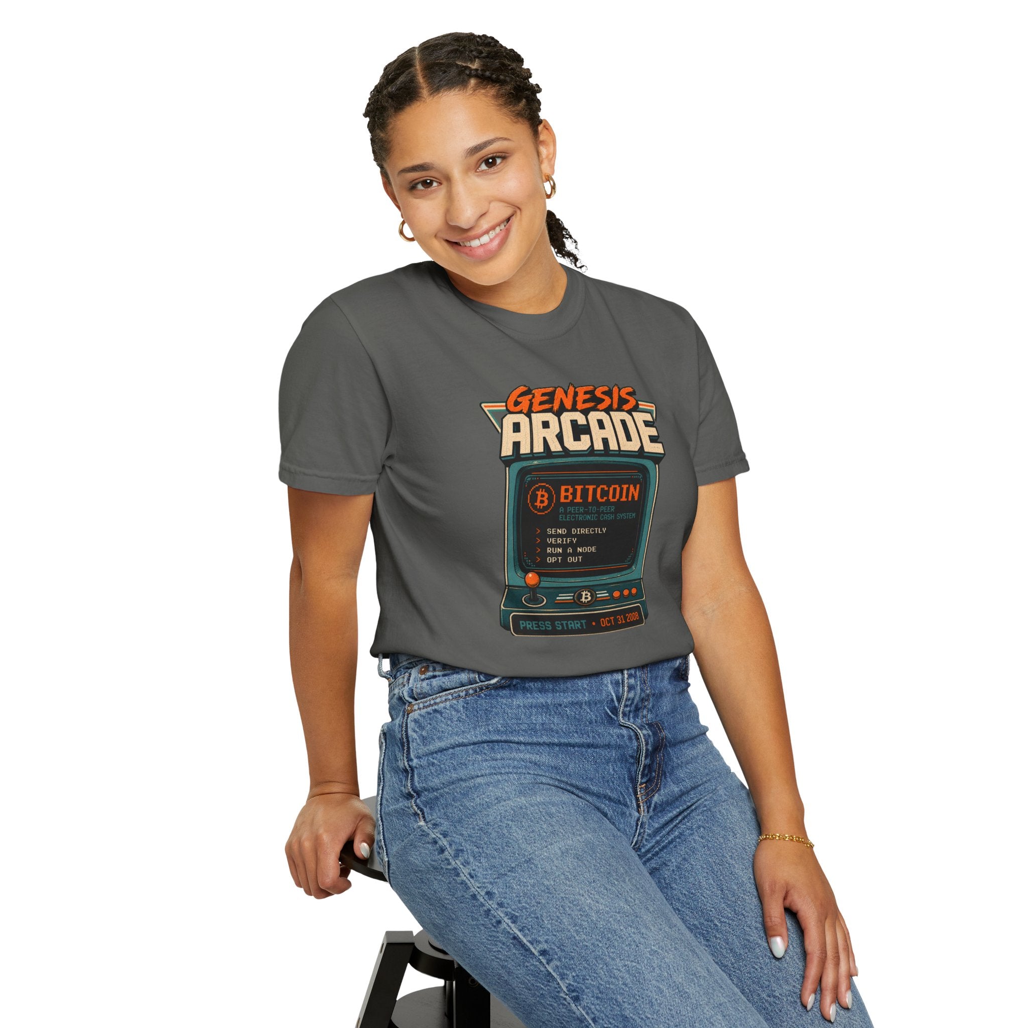 Bitcoin Genesis Block Heavyweight Retro Arcade T-Shirt | "Press Start" Bitcoin Tee | Comfort Colors 1717