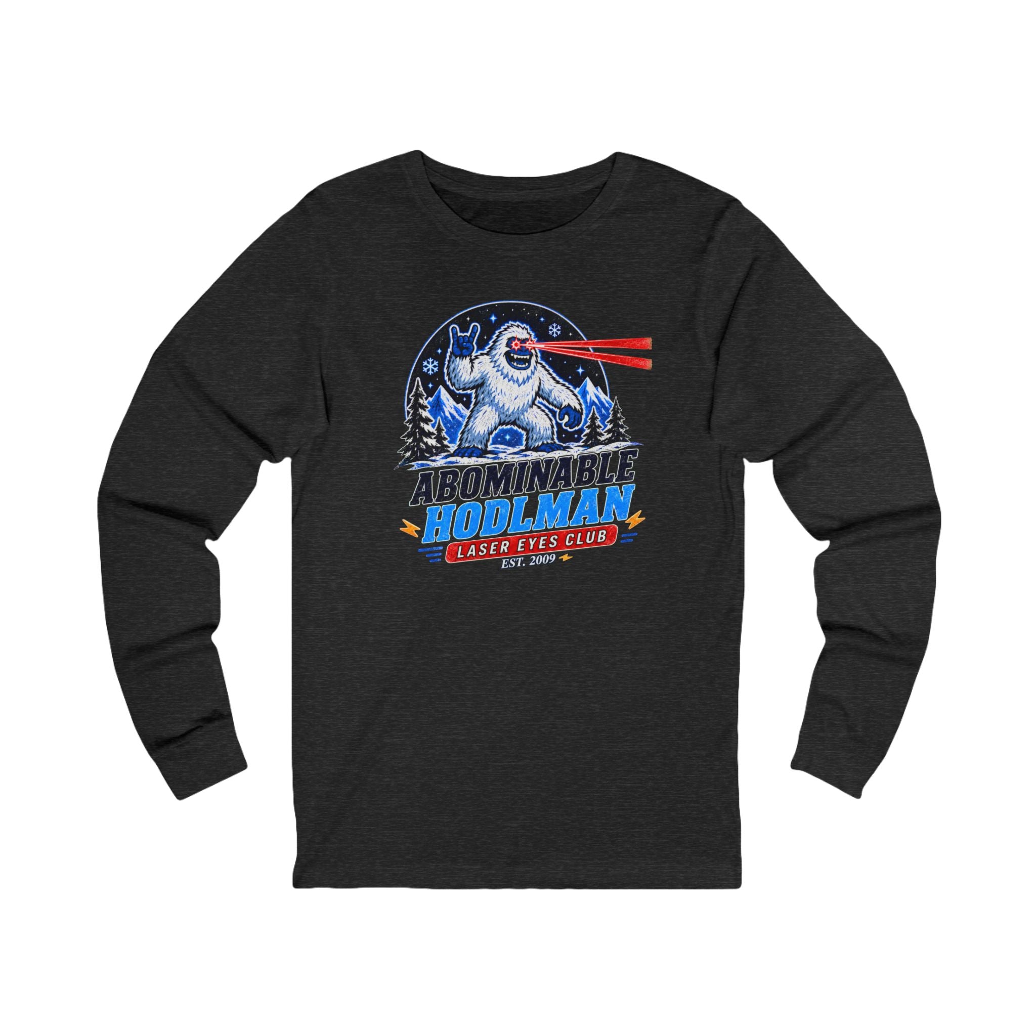 Abominable Hodlman Laser Eyes Club Bitcoin Tee | Yeti Holiday Shirt | Long Sleeve Shirt | Bella Canvas 3501