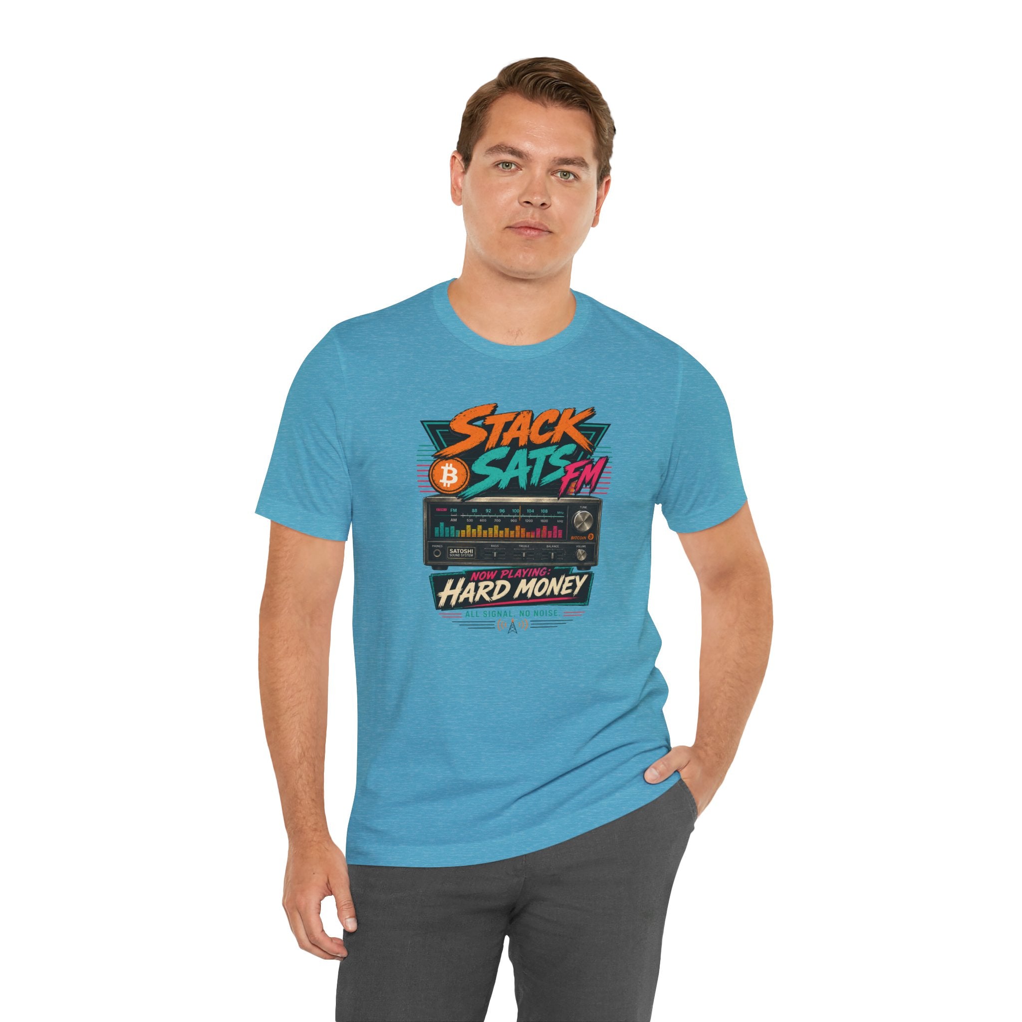 Stack Sats FM Radio cassette graphic T-shirt | Bitcoin hard money 80s retro Tee | Bella Canvas 3001