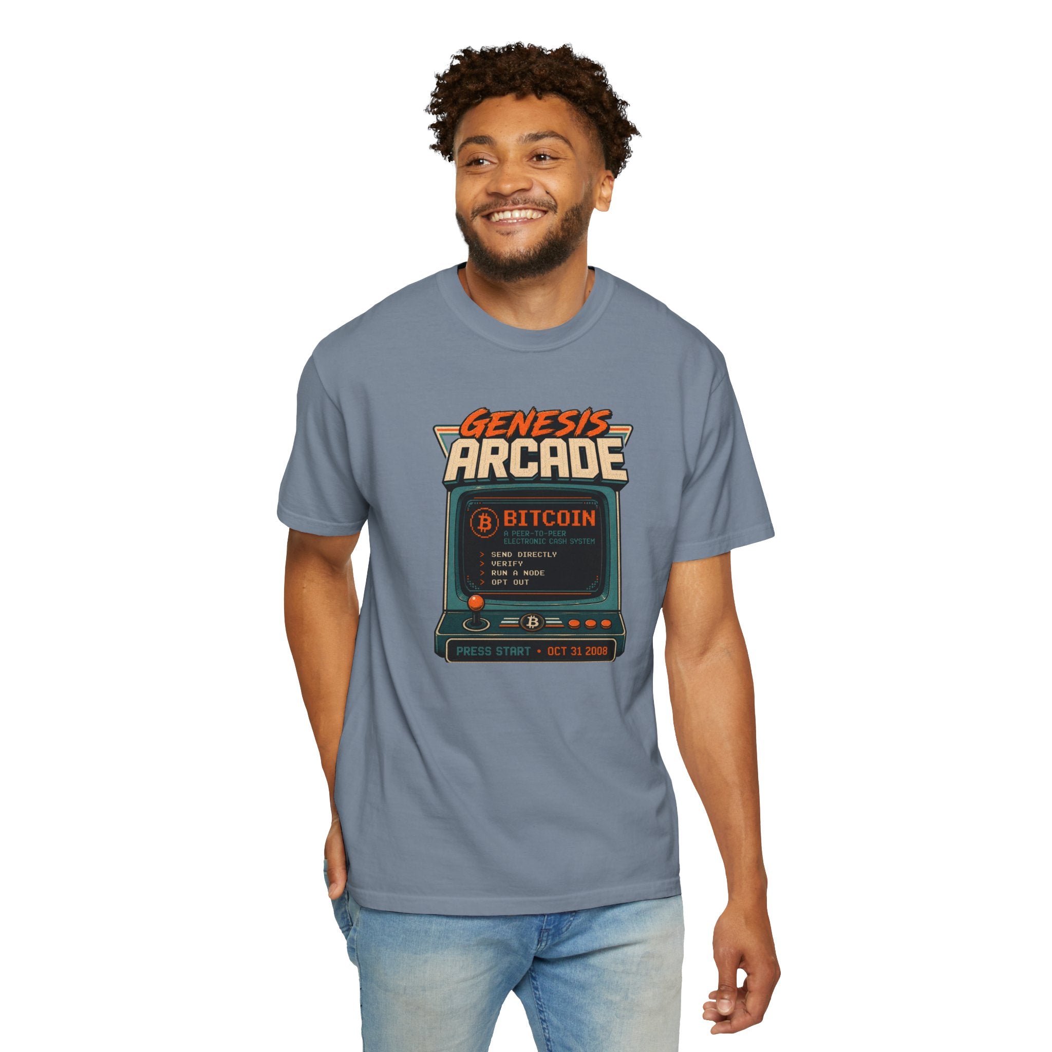 Bitcoin Genesis Block Heavyweight Retro Arcade T-Shirt | "Press Start" Bitcoin Tee | Comfort Colors 1717