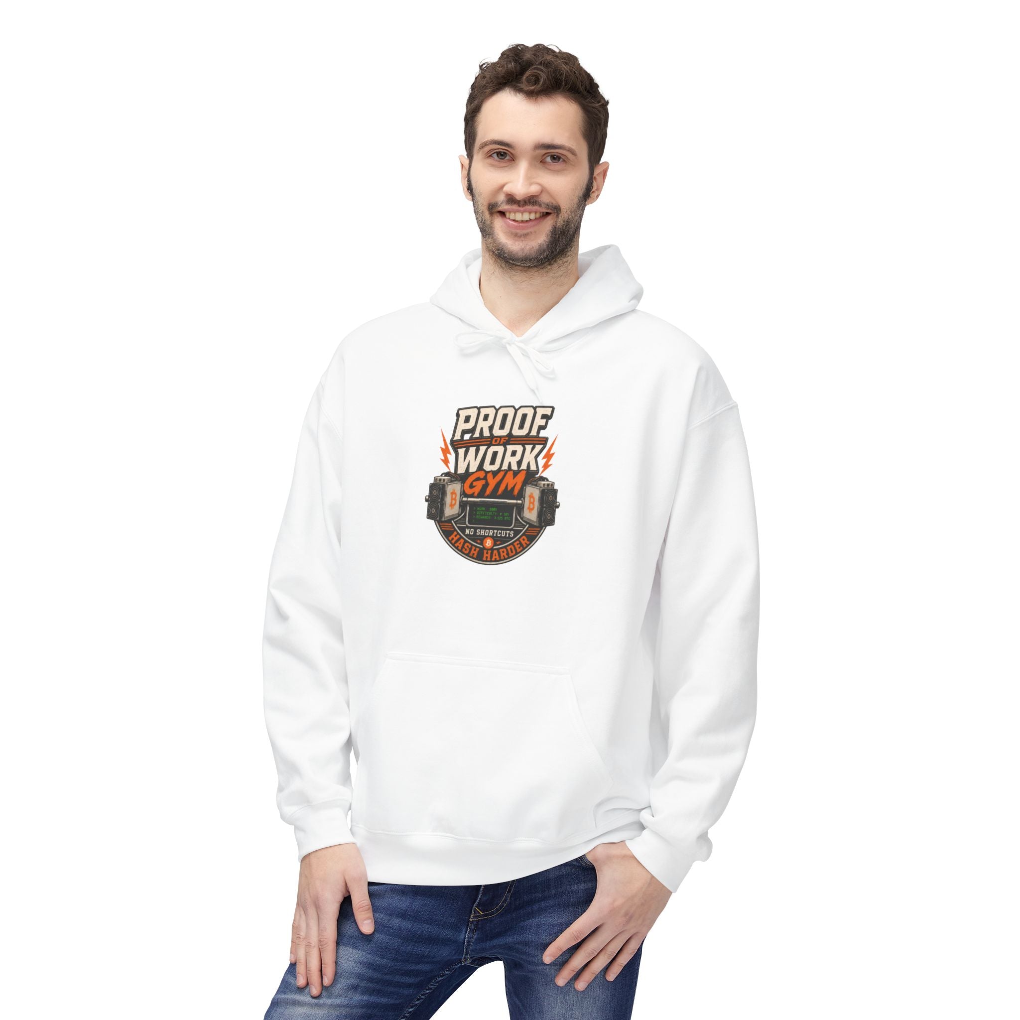 Proof of Work Bitcoin Mining Gym Hoodie | Weightlifting barbell vintage emblem, Train Hard, Hash Harder Pullover