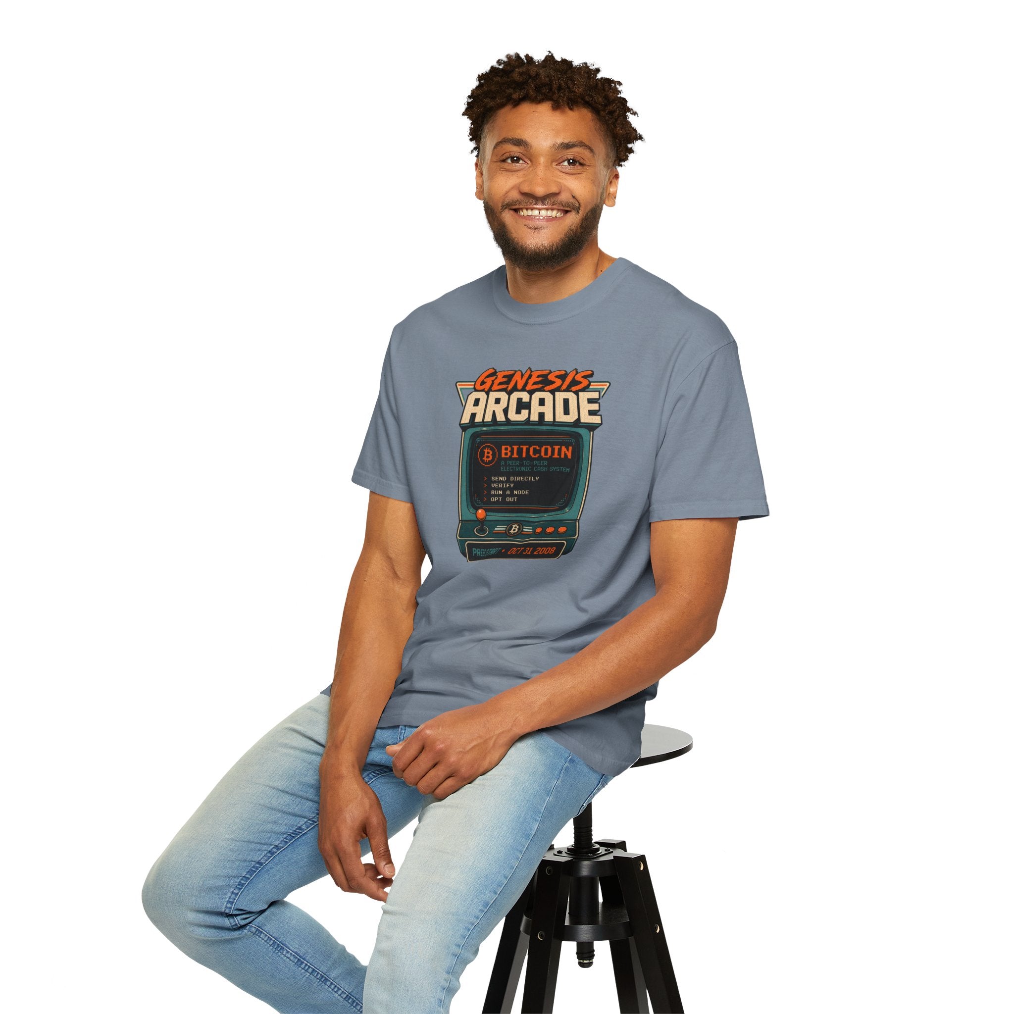 Bitcoin Genesis Block Heavyweight Retro Arcade T-Shirt | "Press Start" Bitcoin Tee | Comfort Colors 1717