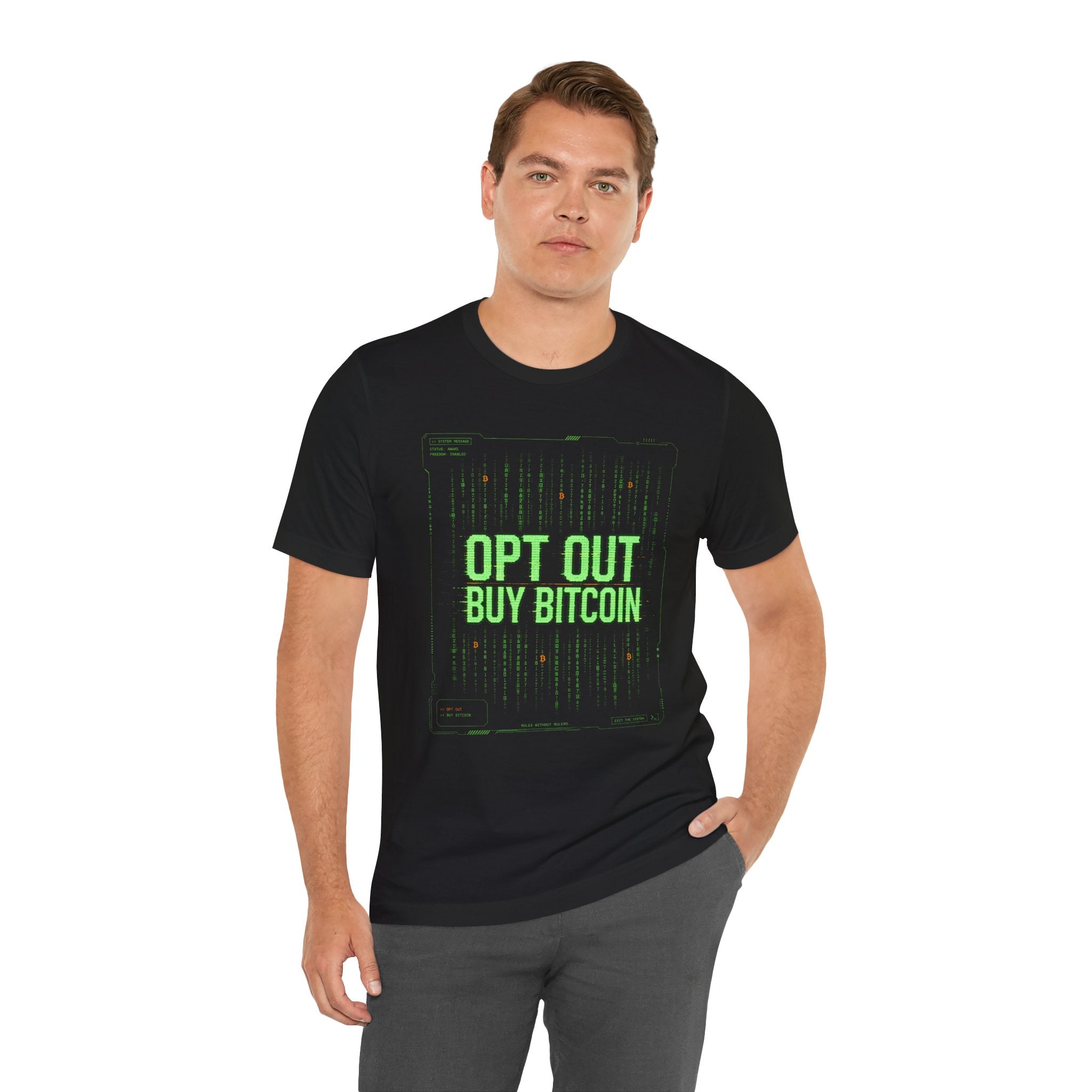 Opt Out Buy Bitcoin T-Shirt | Bitcoin Matrix Design | Bella Canvas 3001
