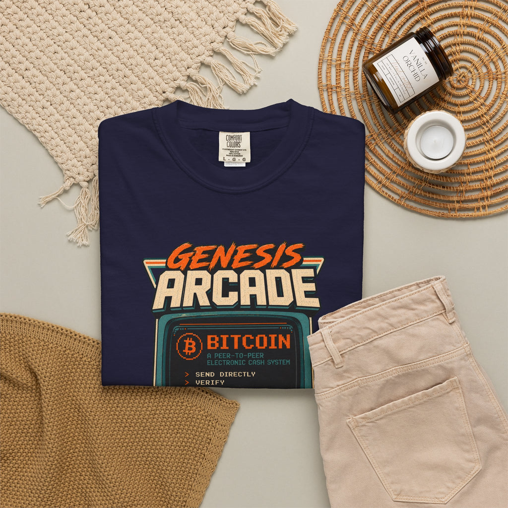 Bitcoin Genesis Block Heavyweight Retro Arcade T-Shirt | "Press Start" Bitcoin Tee | Comfort Colors 1717