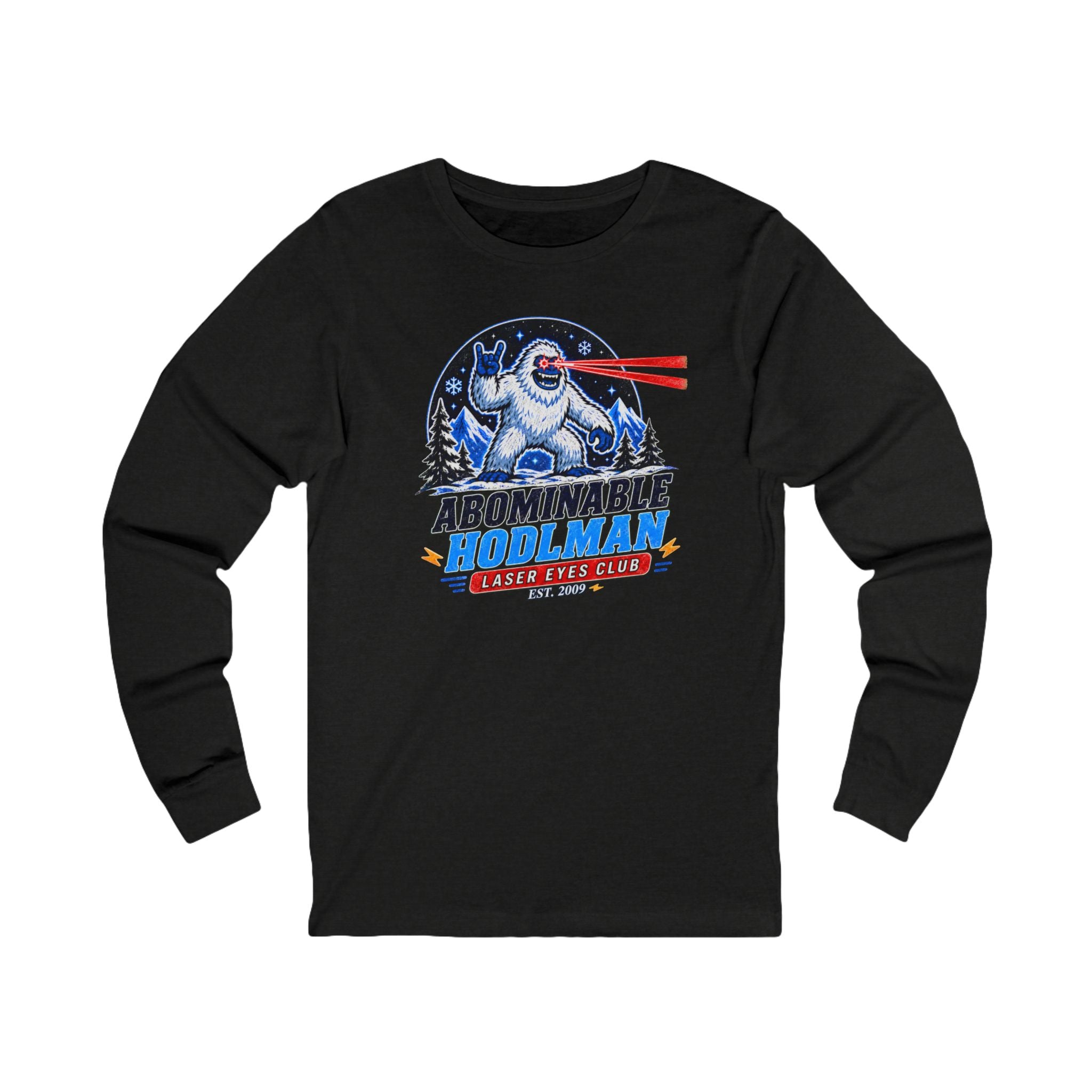 Abominable Hodlman Laser Eyes Club Bitcoin Tee | Yeti Holiday Shirt | Long Sleeve Shirt | Bella Canvas 3501