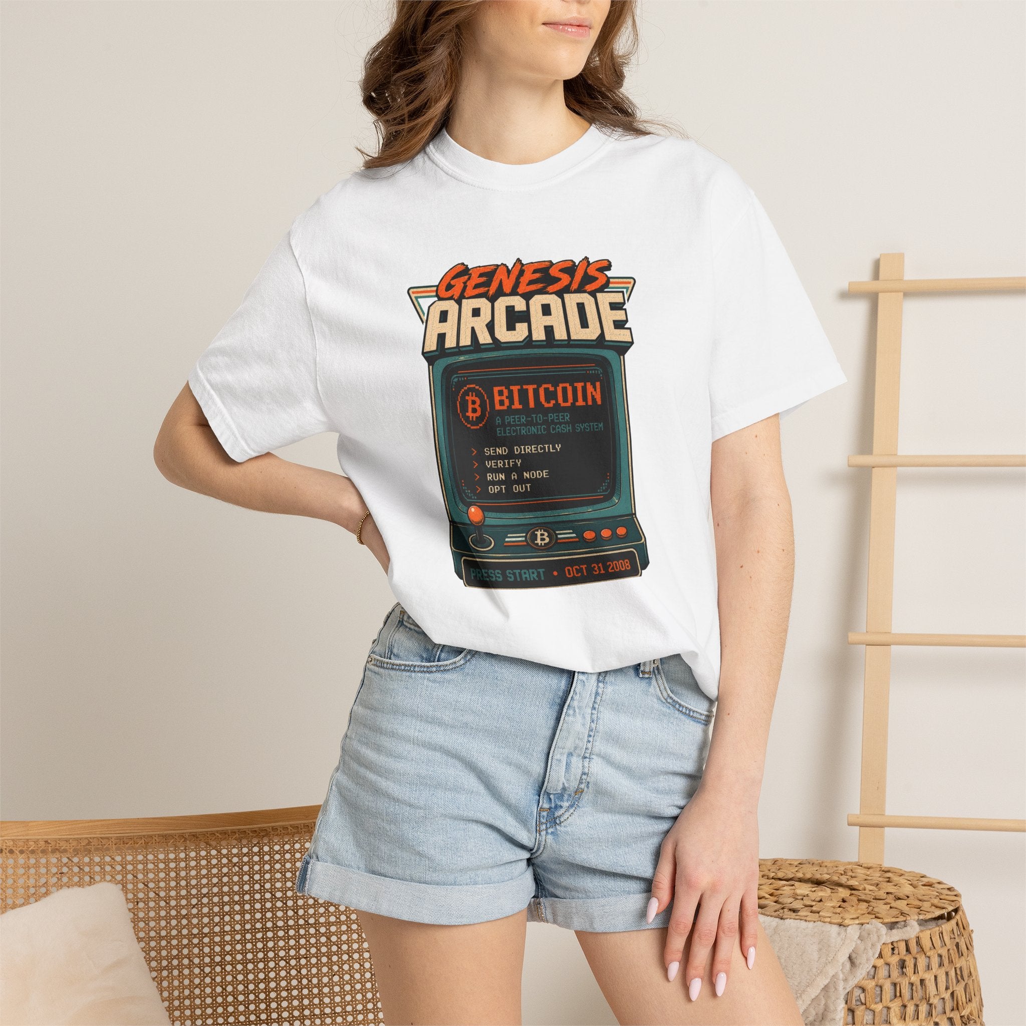 Bitcoin Genesis Block Heavyweight Retro Arcade T-Shirt | "Press Start" Bitcoin Tee | Comfort Colors 1717