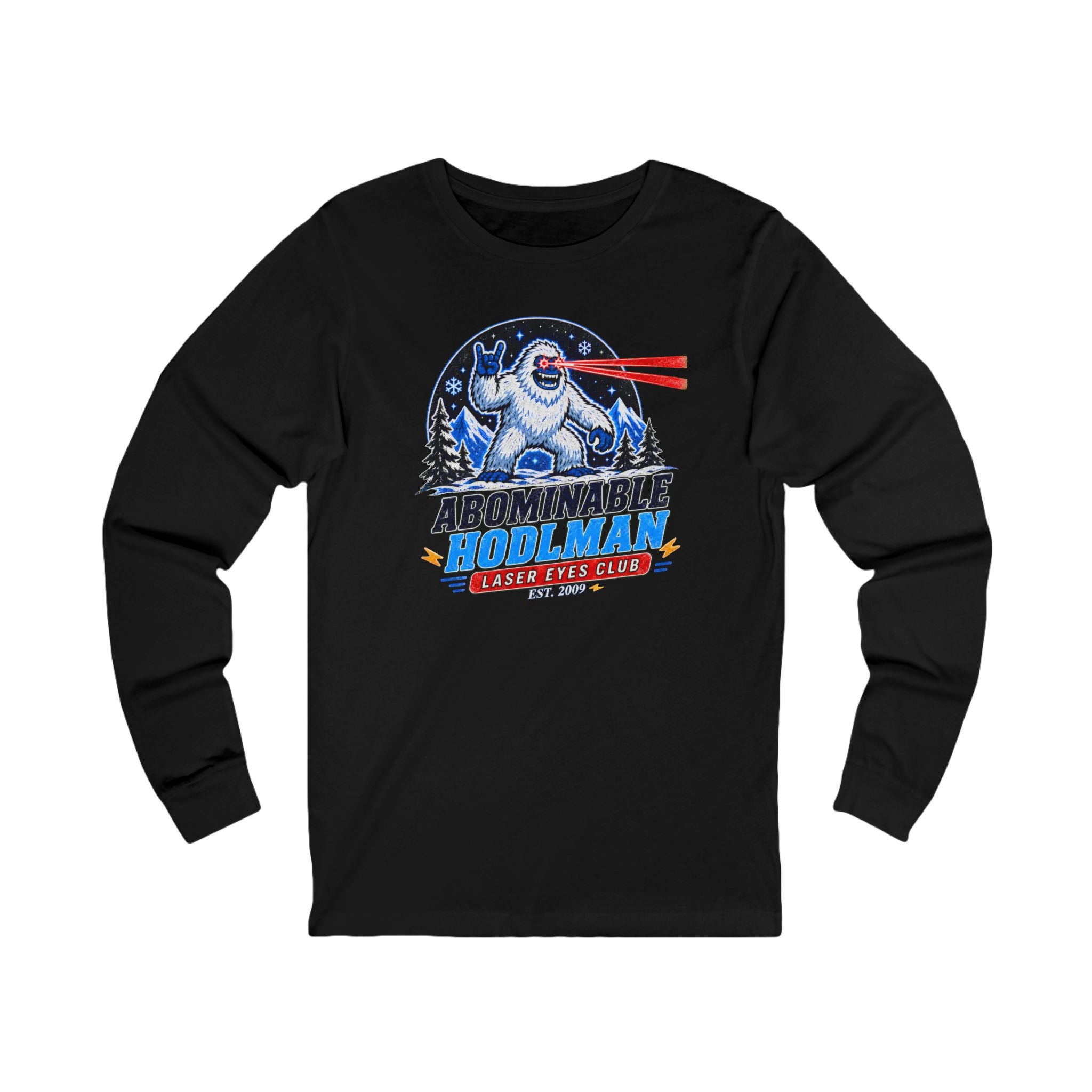 Abominable Hodlman Laser Eyes Club Bitcoin Tee | Yeti Holiday Shirt | Long Sleeve Shirt | Bella Canvas 3501