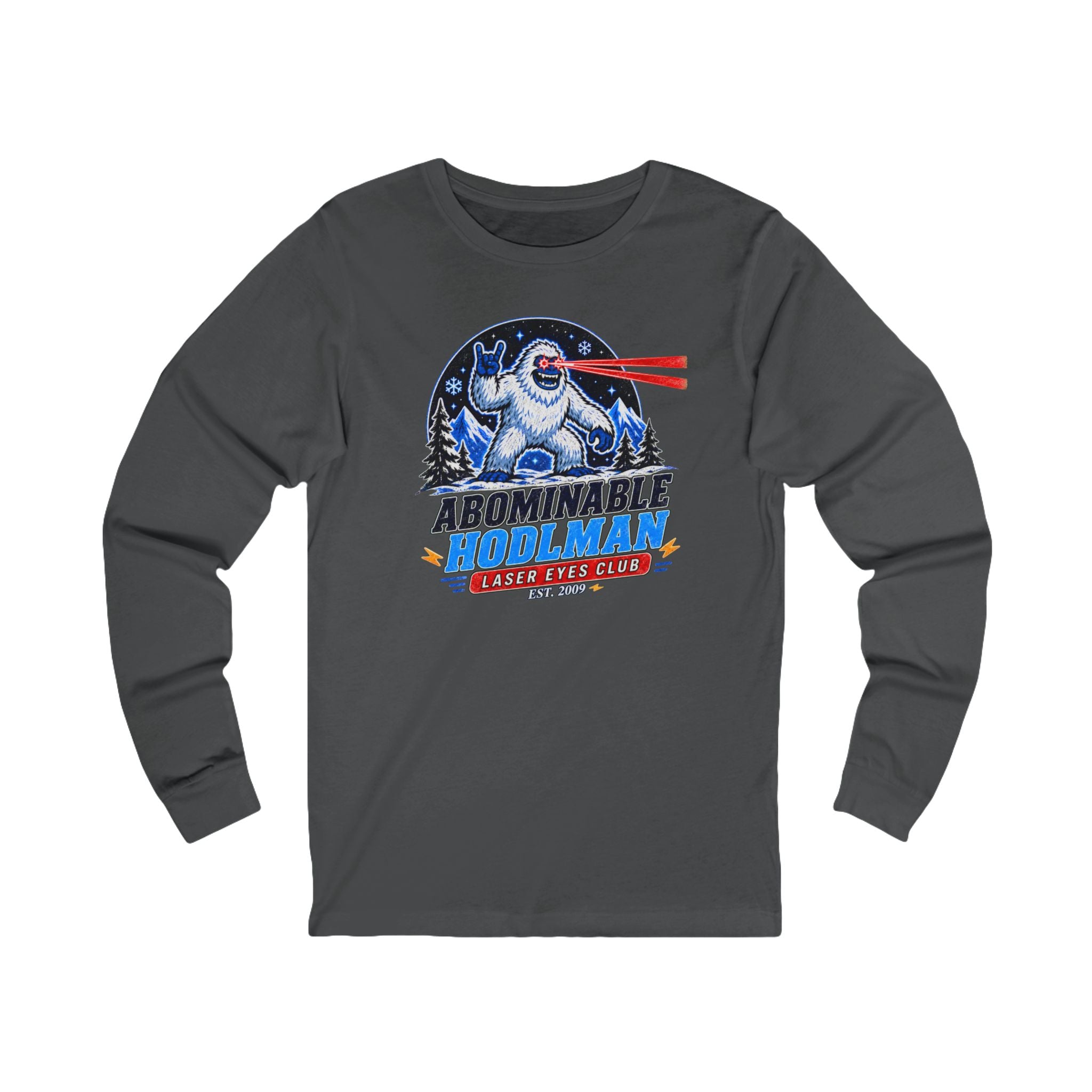 Abominable Hodlman Laser Eyes Club Bitcoin Tee | Yeti Holiday Shirt | Long Sleeve Shirt | Bella Canvas 3501