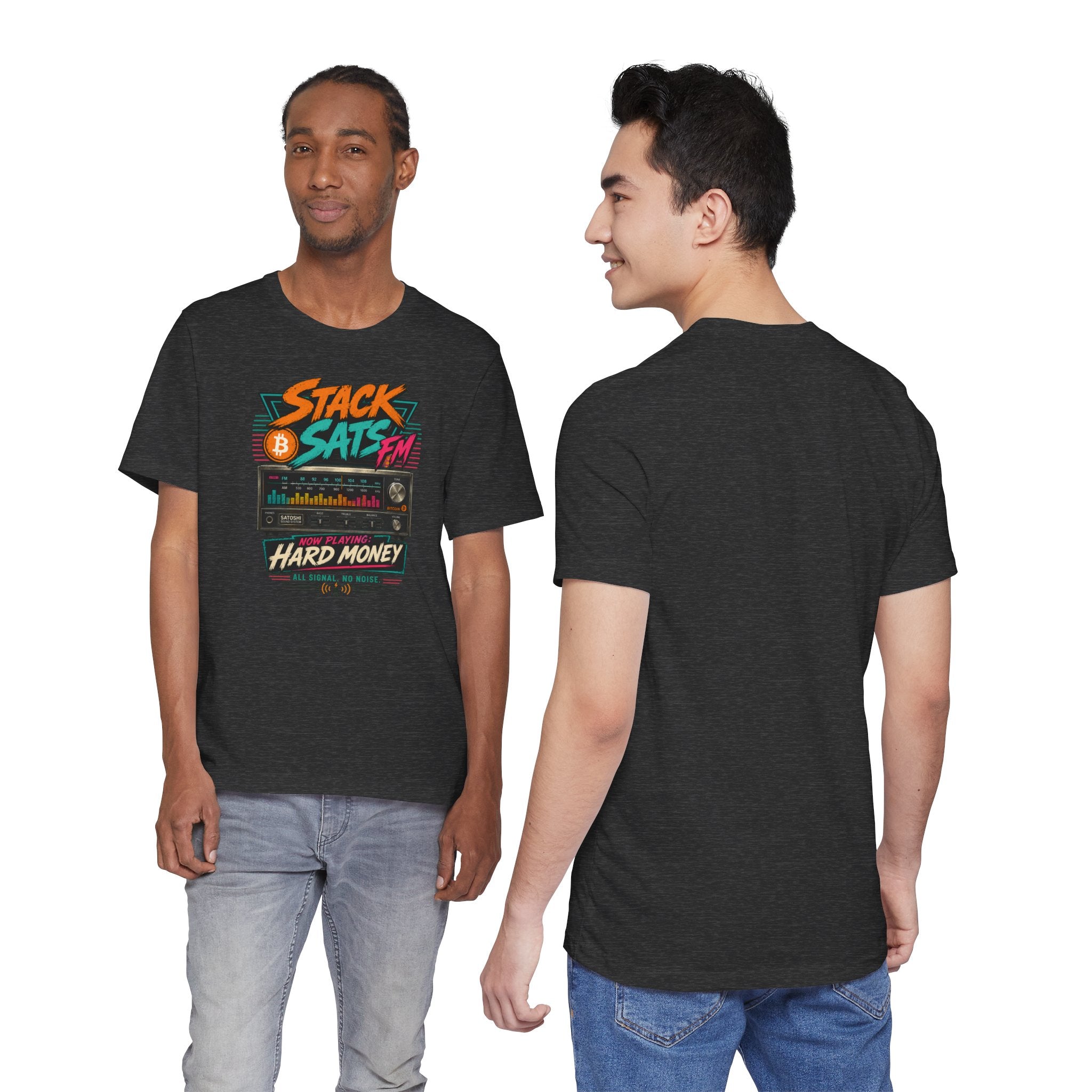 Stack Sats FM Radio cassette graphic T-shirt | Bitcoin hard money 80s retro Tee | Bella Canvas 3001