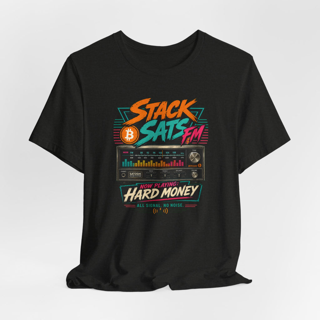 Stack Sats FM Radio cassette graphic T-shirt | Bitcoin hard money 80s retro Tee | Bella Canvas 3001