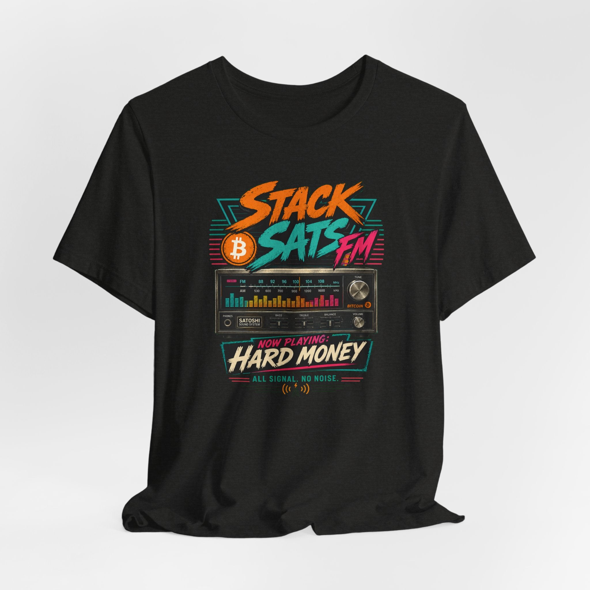 Stack Sats FM Radio cassette graphic T-shirt | Bitcoin hard money 80s retro Tee | Bella Canvas 3001