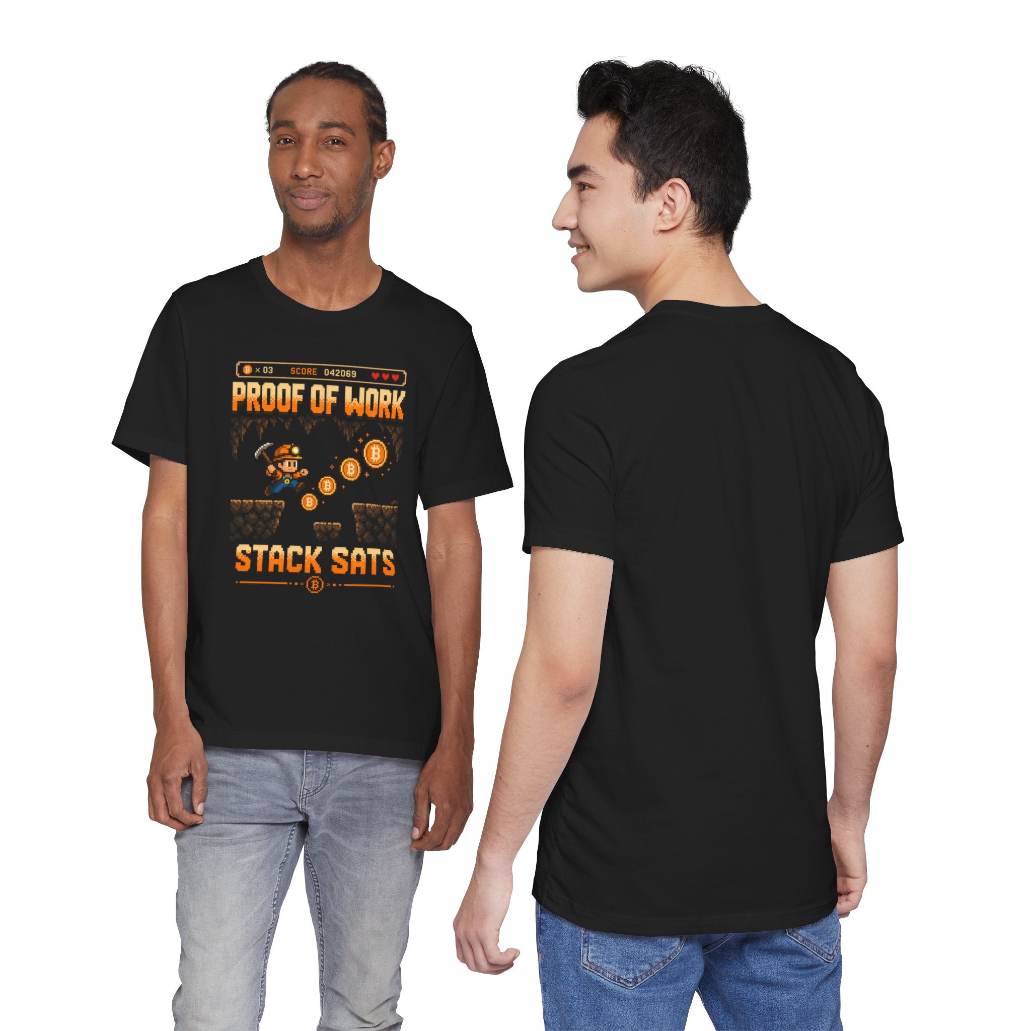 Proof of Work Stack Sats T-Shirt | Retro Pixel Bitcoin Miner Tee | Bella Canvas 3001