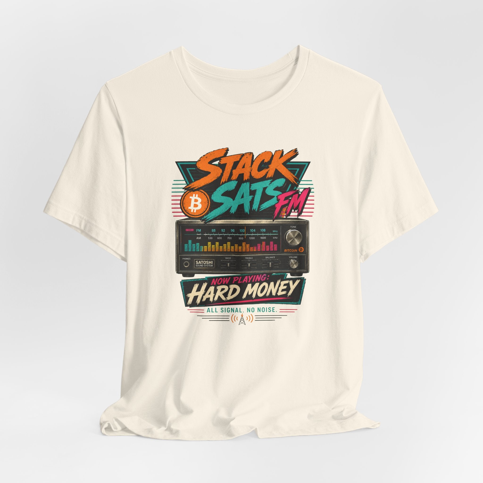 Stack Sats FM Radio cassette graphic T-shirt | Bitcoin hard money 80s retro Tee | Bella Canvas 3001