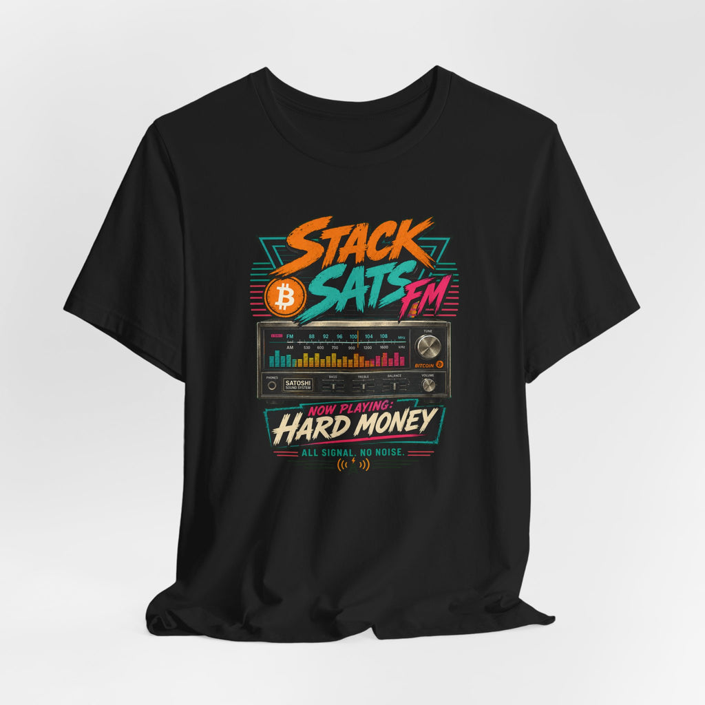 Stack Sats FM Radio cassette graphic T-shirt | Bitcoin hard money 80s retro Tee | Bella Canvas 3001