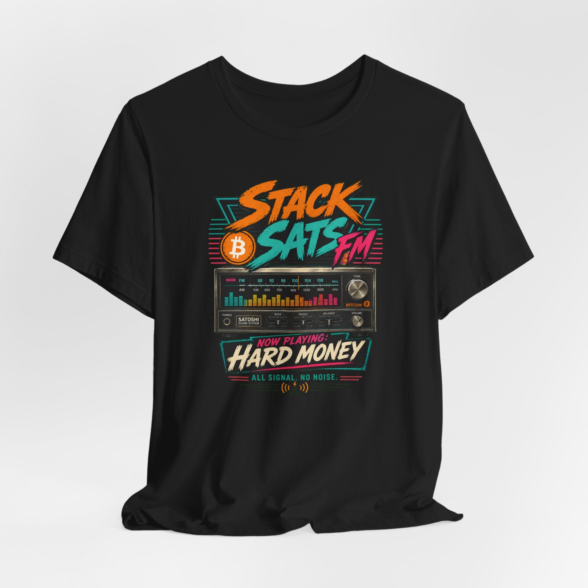Stack Sats FM Radio cassette graphic T-shirt | Bitcoin hard money 80s retro Tee | Bella Canvas 3001