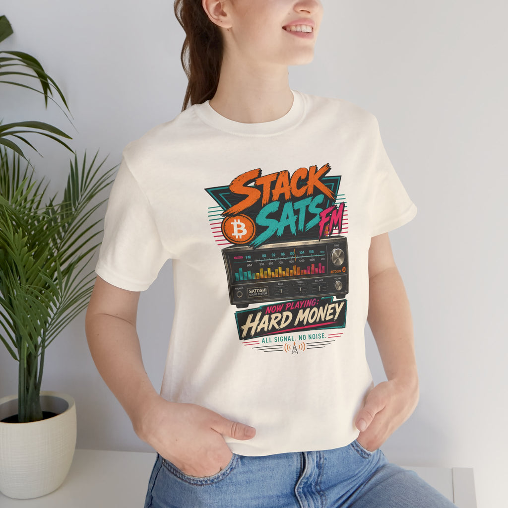 Stack Sats FM Radio cassette graphic T-shirt | Bitcoin hard money 80s retro Tee | Bella Canvas 3001
