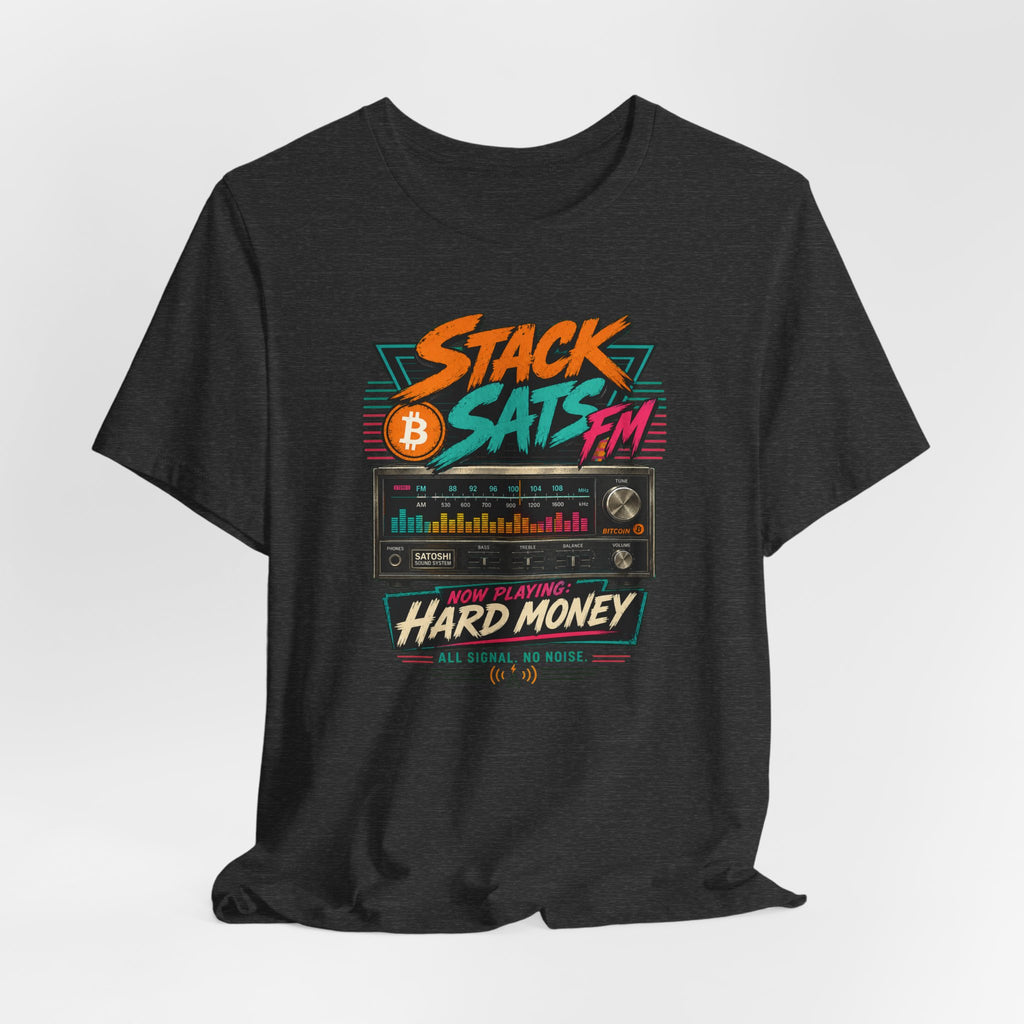 Stack Sats FM Radio cassette graphic T-shirt | Bitcoin hard money 80s retro Tee | Bella Canvas 3001