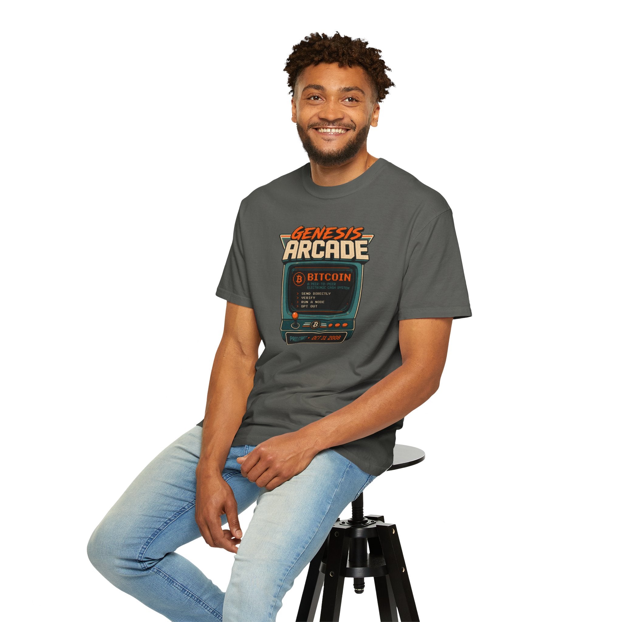 Bitcoin Genesis Block Heavyweight Retro Arcade T-Shirt | "Press Start" Bitcoin Tee | Comfort Colors 1717