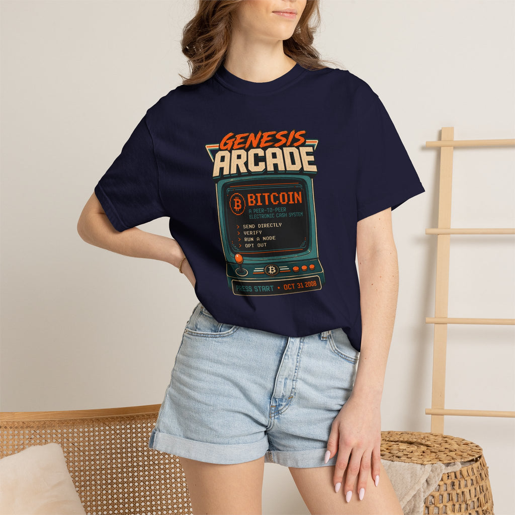 Bitcoin Genesis Block Heavyweight Retro Arcade T-Shirt | "Press Start" Bitcoin Tee | Comfort Colors 1717