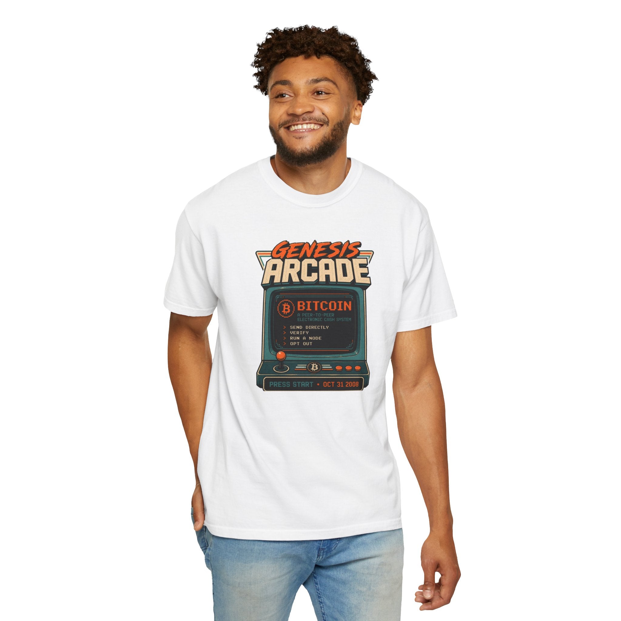 Bitcoin Genesis Block Heavyweight Retro Arcade T-Shirt | "Press Start" Bitcoin Tee | Comfort Colors 1717