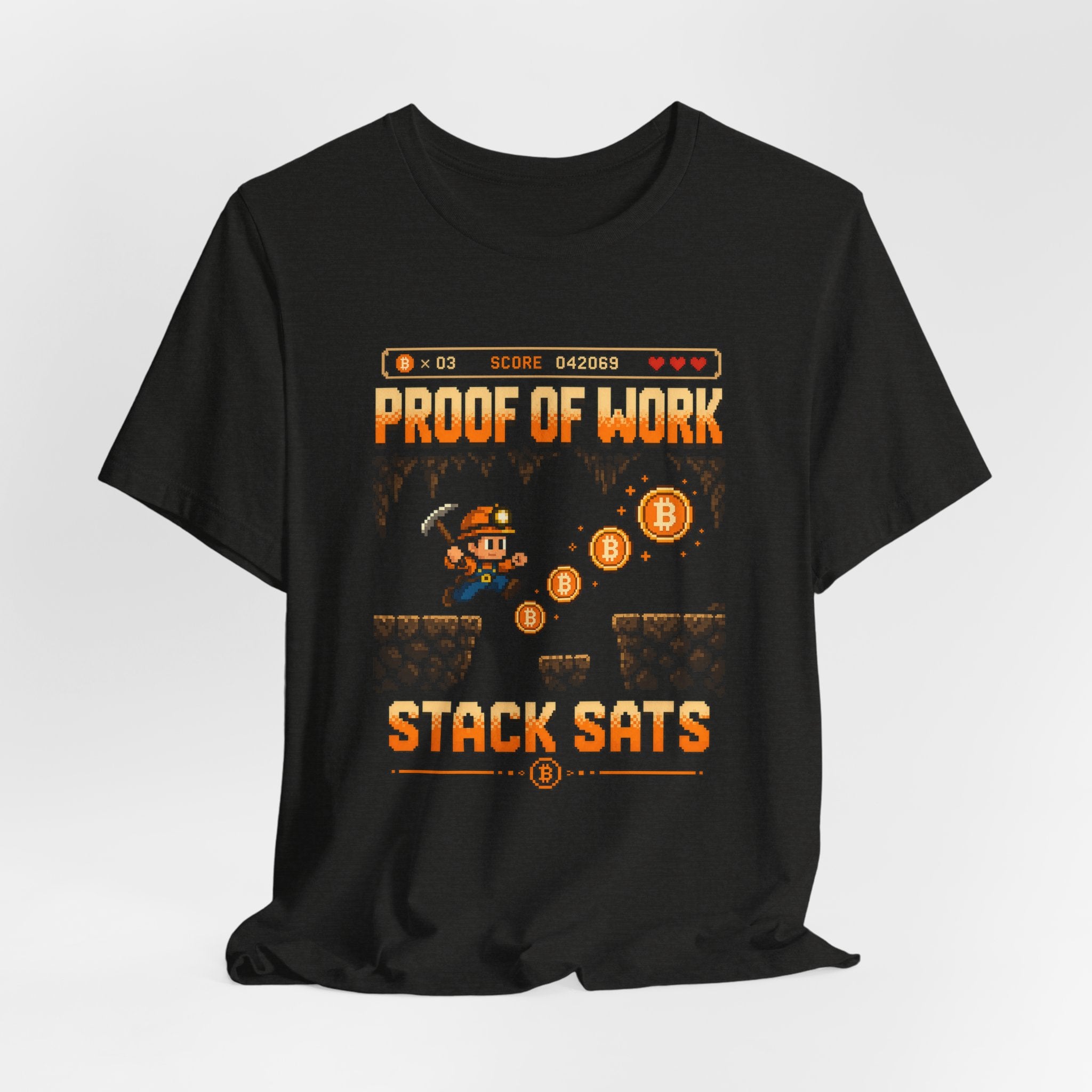 Proof of Work Stack Sats T-Shirt | Retro Pixel Bitcoin Miner Tee | Bella Canvas 3001