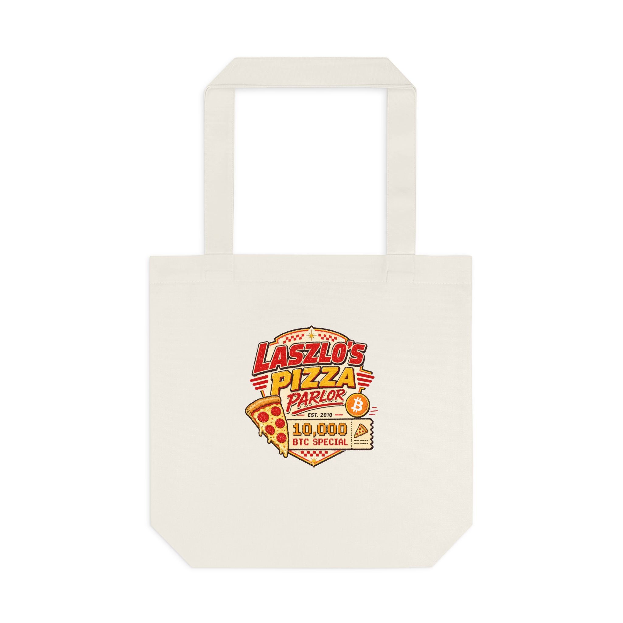 Bitcoin Pizza Day vintage pizza parlor print Tote Bag | Laszlo's Pizza Parlor | cotton canvas market bag