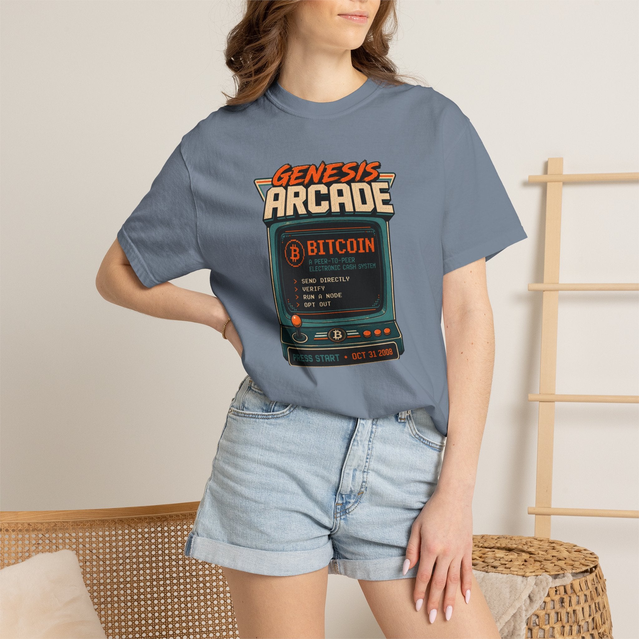 Bitcoin Genesis Block Heavyweight Retro Arcade T-Shirt | "Press Start" Bitcoin Tee | Comfort Colors 1717