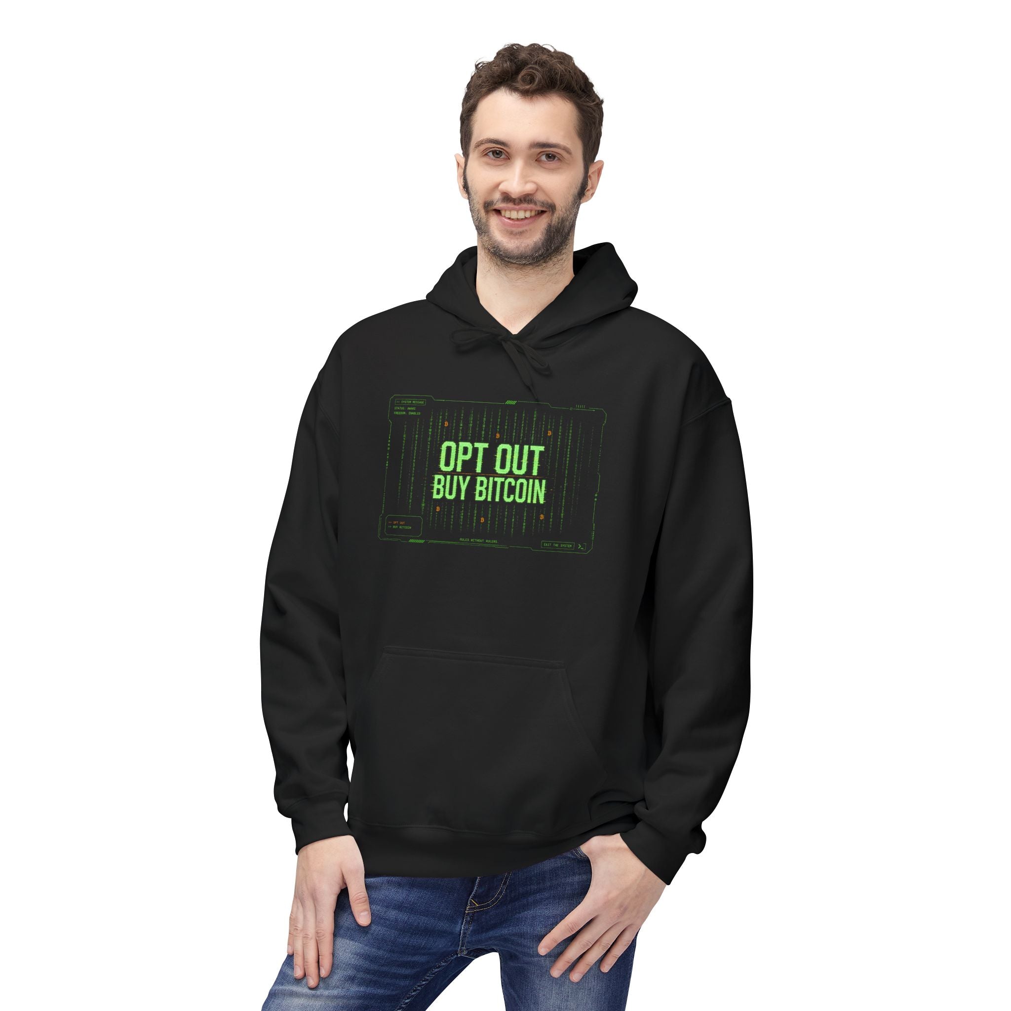 Opt Out Buy Bitcoin Hoodie | Retro Green Cyberpunk Computer Text