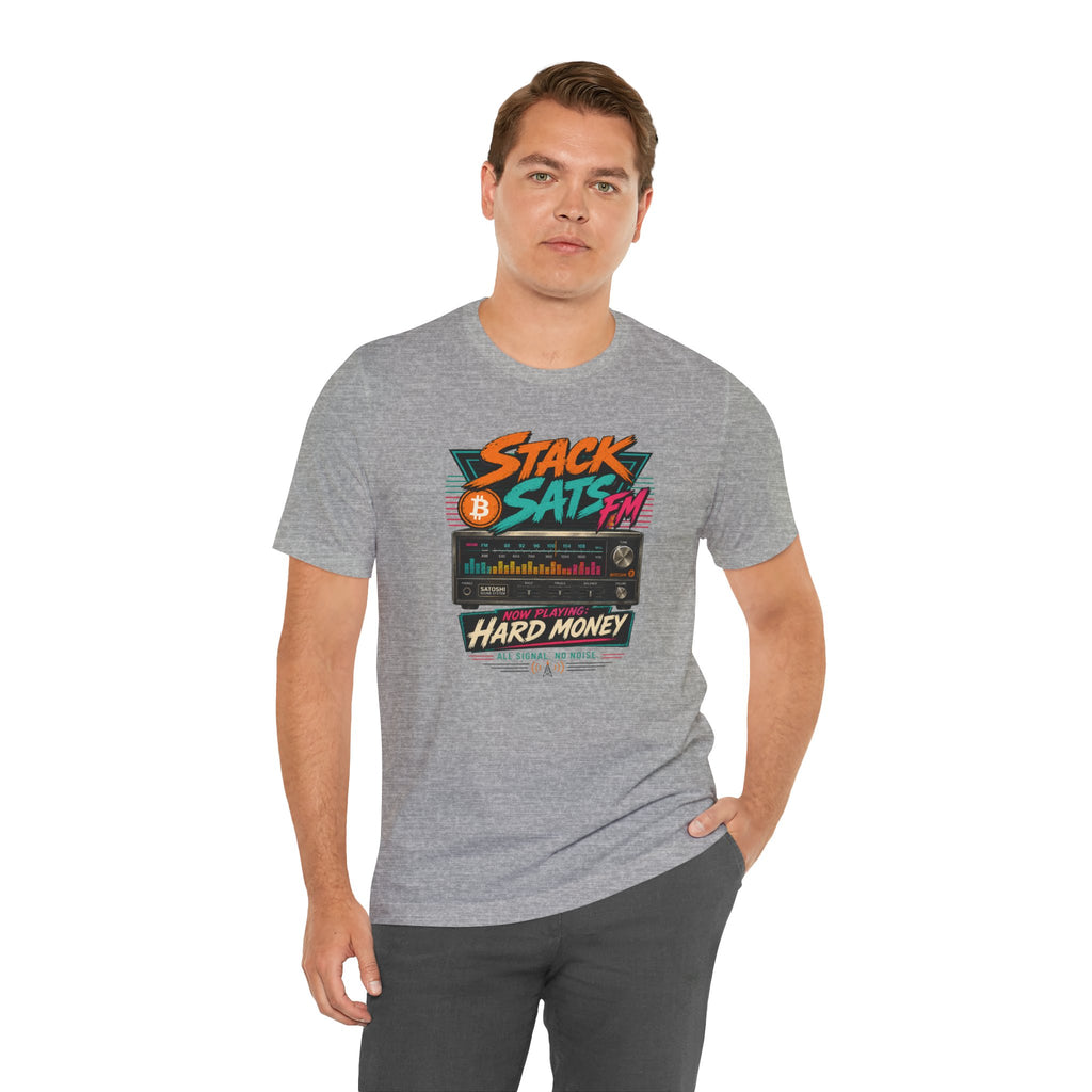 Stack Sats FM Radio cassette graphic T-shirt | Bitcoin hard money 80s retro Tee | Bella Canvas 3001