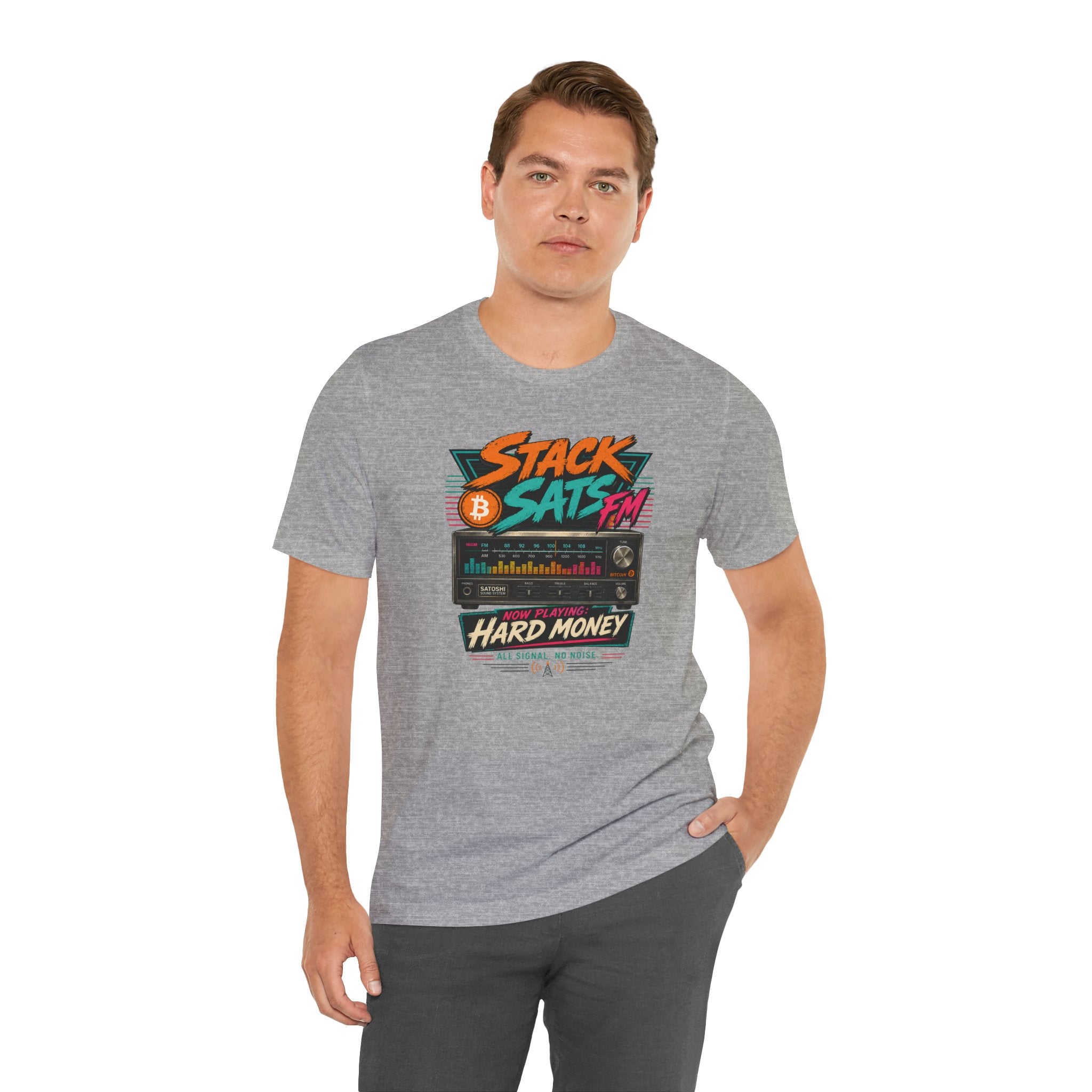 Stack Sats FM Radio cassette graphic T-shirt | Bitcoin hard money 80s retro Tee | Bella Canvas 3001