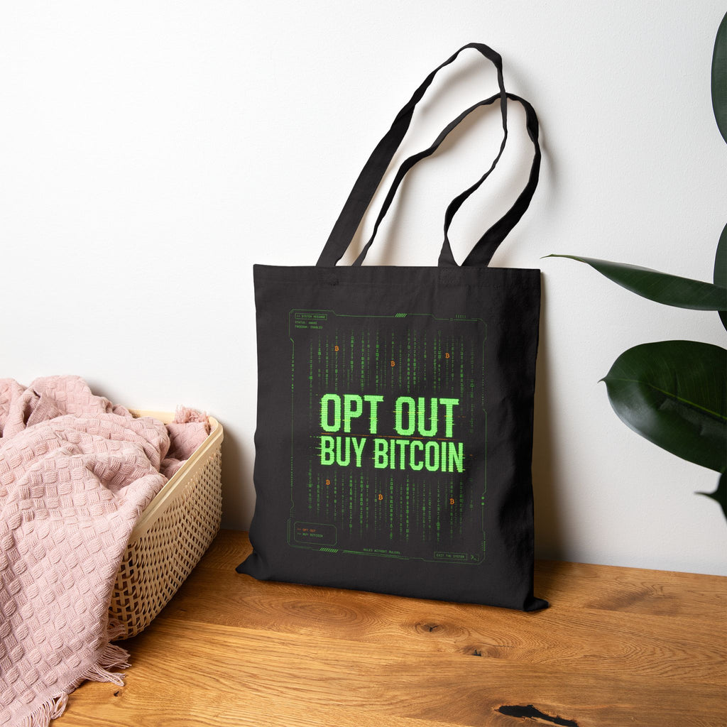 Opt Out Buy Bitcoin matrix-style cypherpunk code Tote