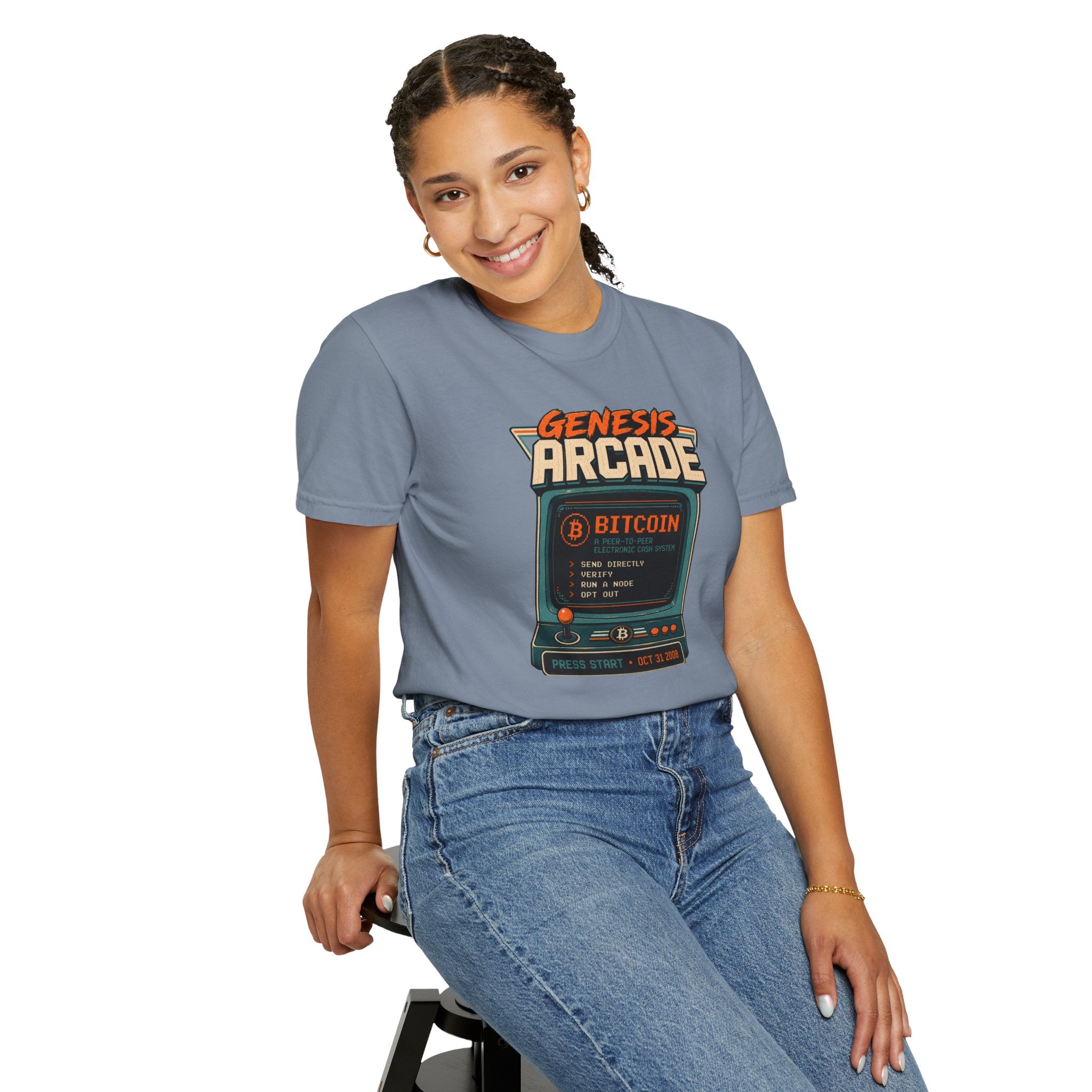 Bitcoin Genesis Block Heavyweight Retro Arcade T-Shirt | "Press Start" Bitcoin Tee | Comfort Colors 1717