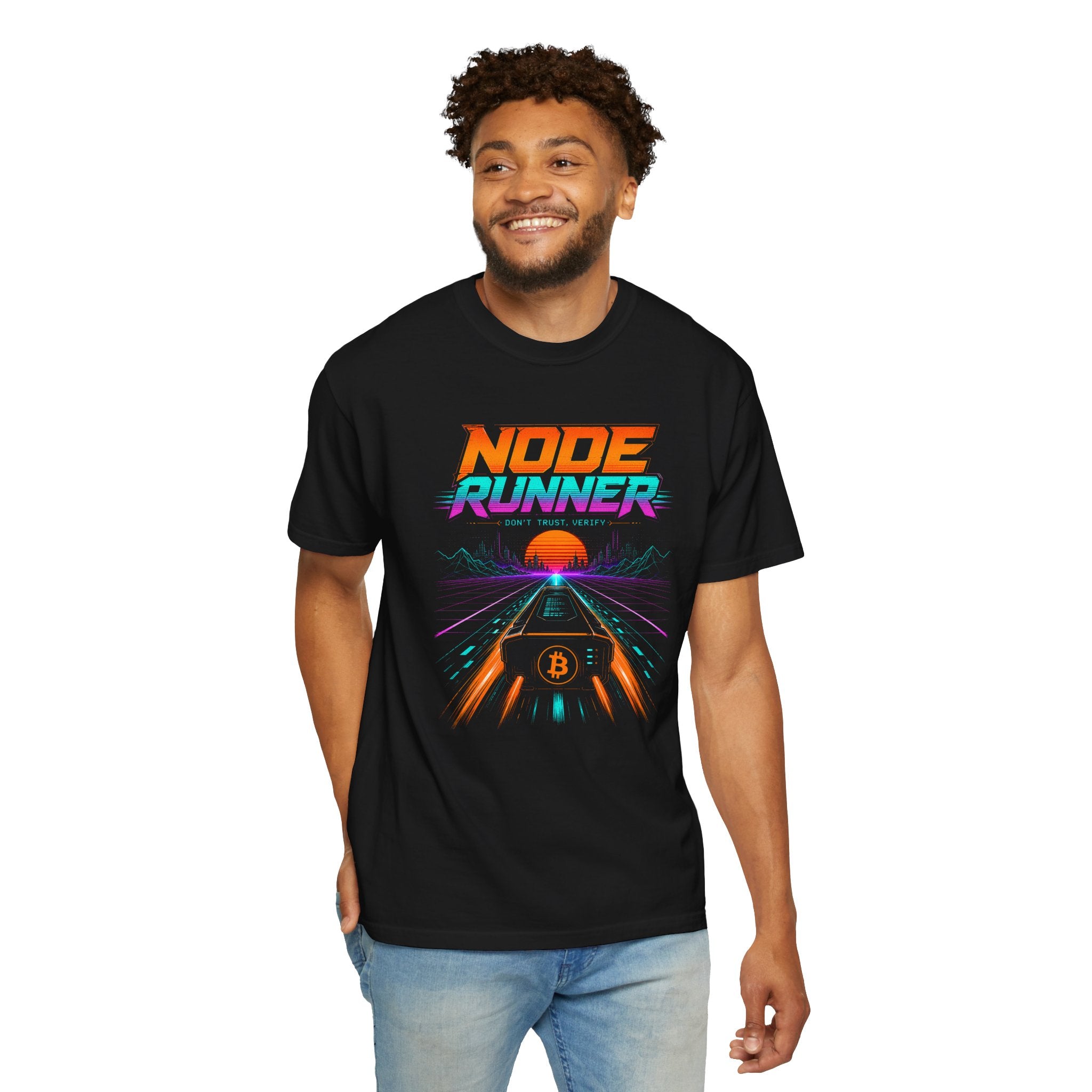 Node Runner Heavyweight Bitcoin T-Shirt | 80s  Retro Synthwave Aesthetic | Comfort Colors 1717