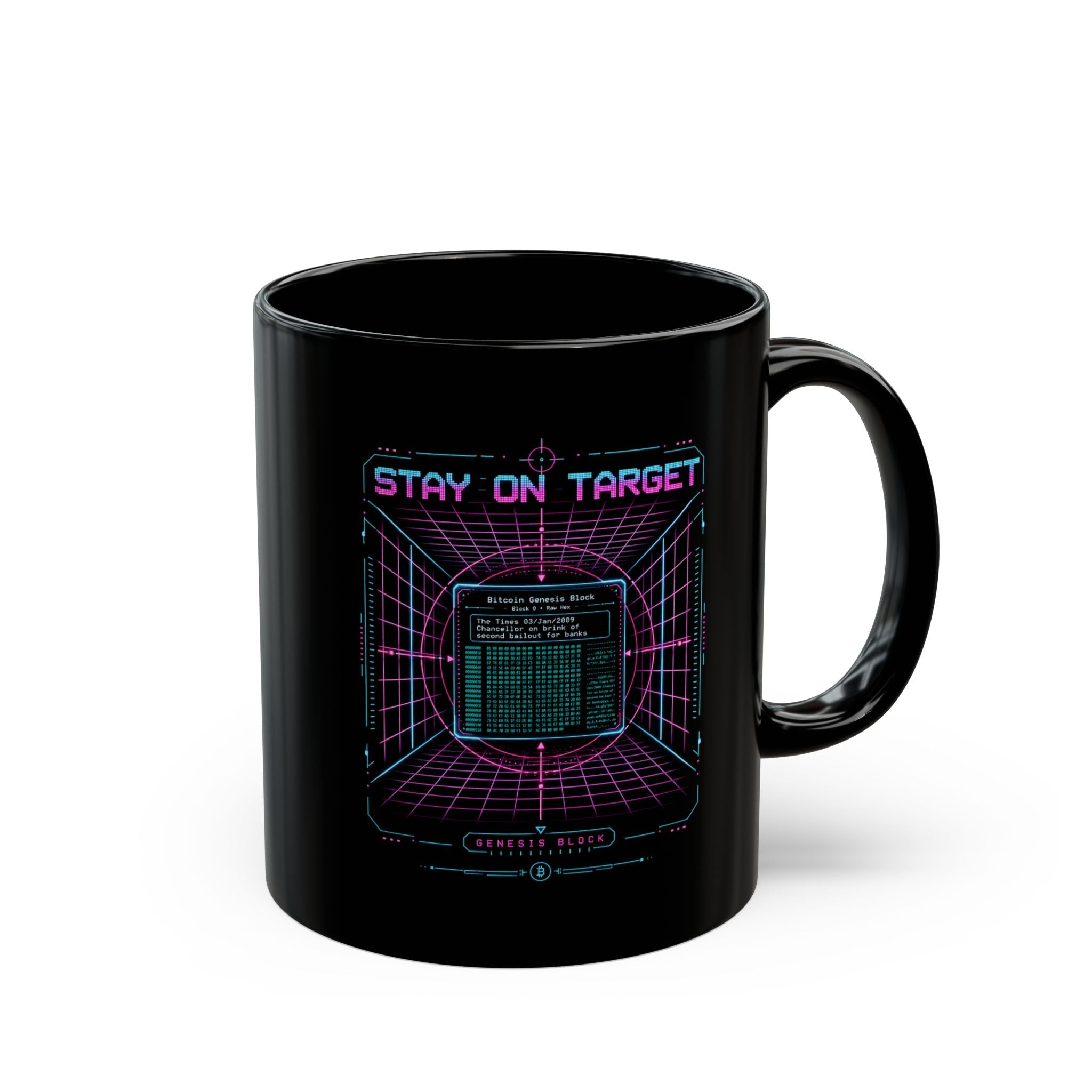 Stay On Target Retro Bitcoin Genesis Block Mug 11oz and 15oz