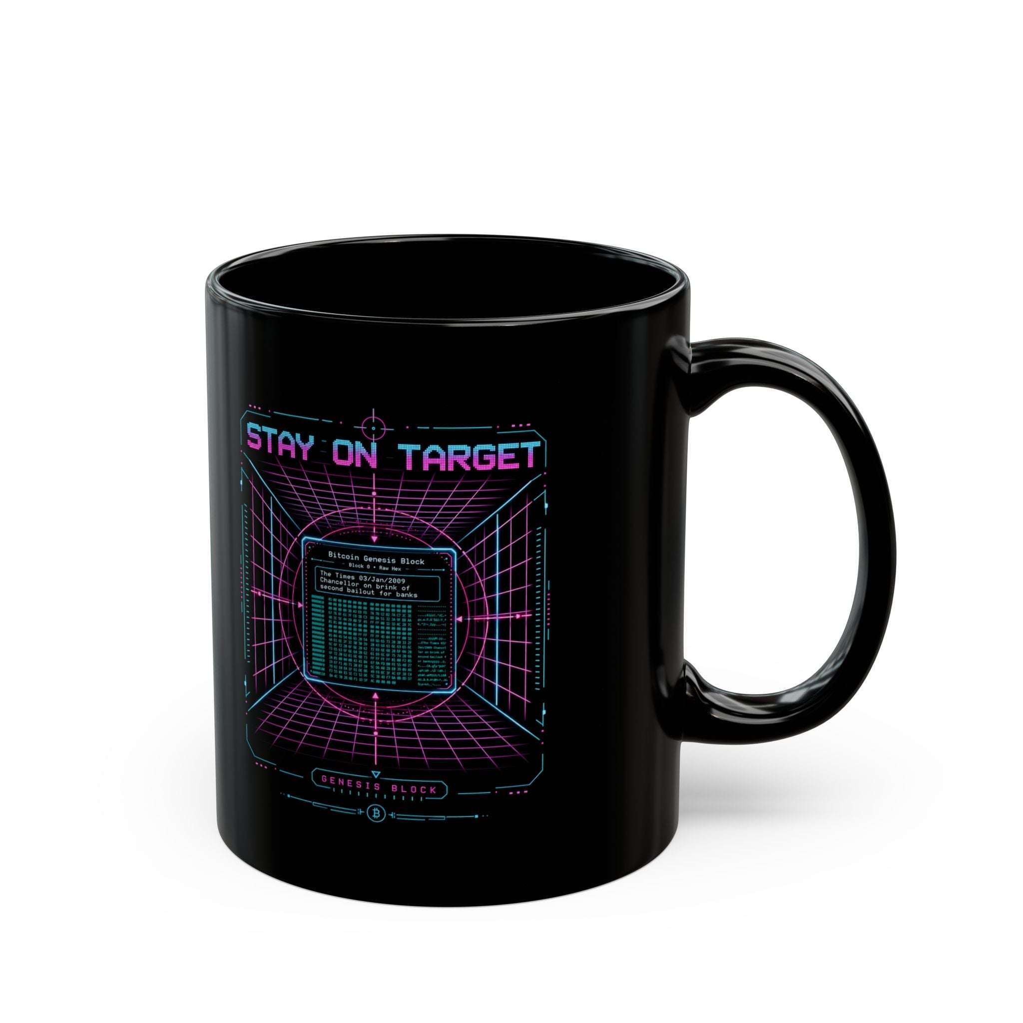 Stay On Target Retro Bitcoin Genesis Block Mug 11oz and 15oz