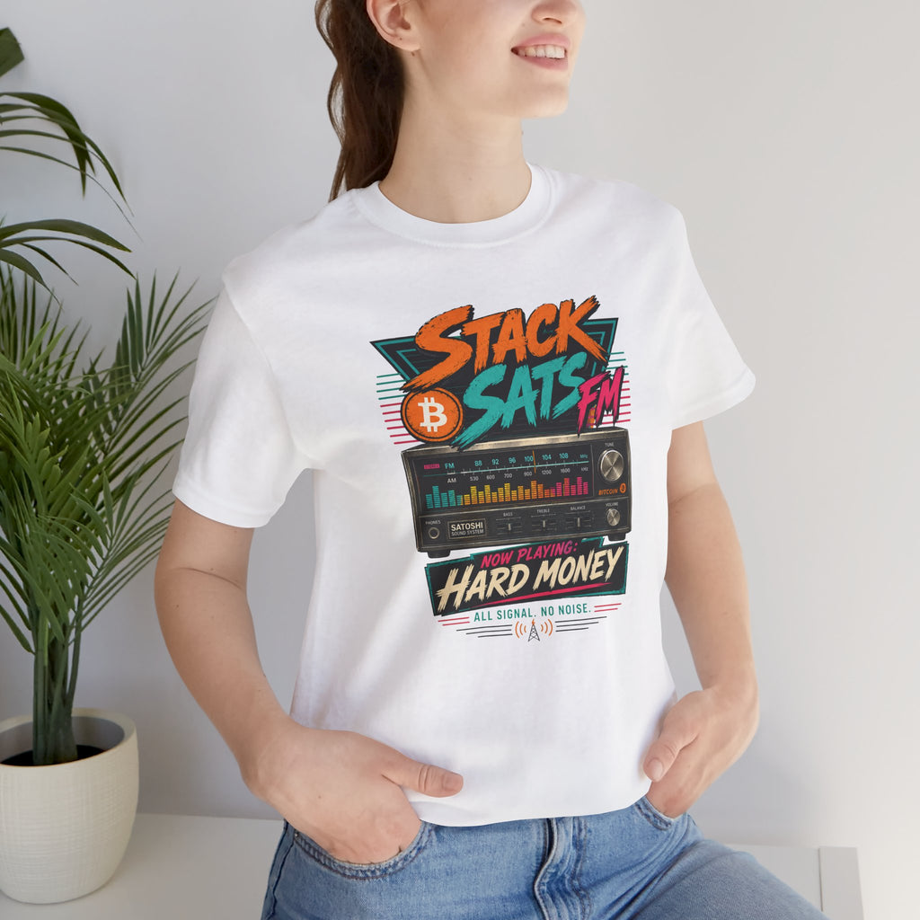 Stack Sats FM Radio cassette graphic T-shirt | Bitcoin hard money 80s retro Tee | Bella Canvas 3001