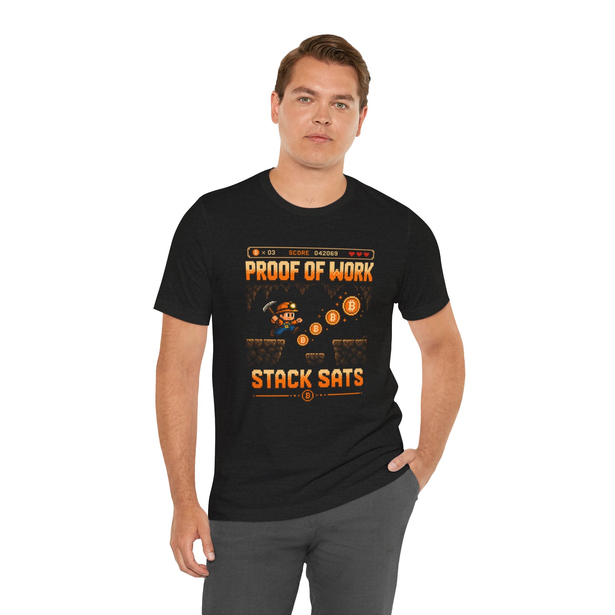 Proof of Work Stack Sats T-Shirt | Retro Pixel Bitcoin Miner Tee | Bella Canvas 3001