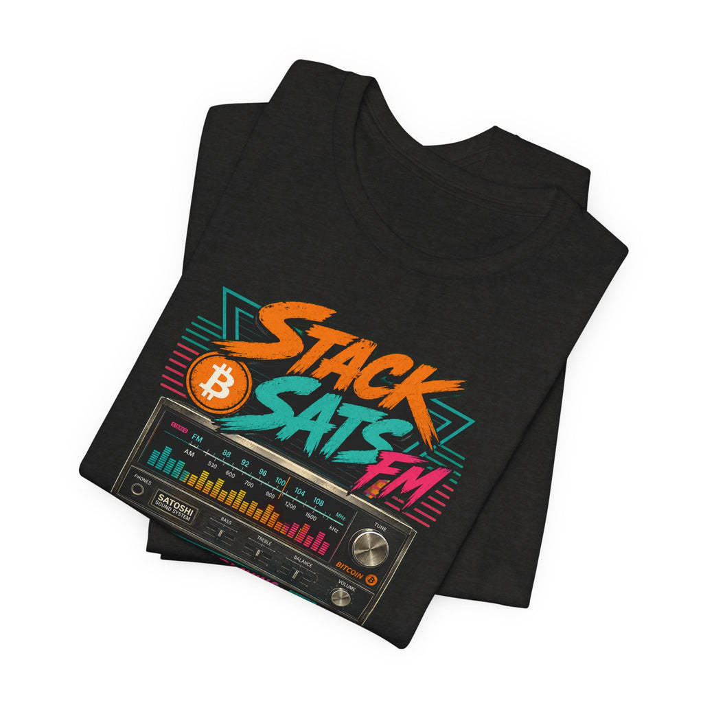 Stack Sats FM Radio cassette graphic T-shirt | Bitcoin hard money 80s retro Tee | Bella Canvas 3001