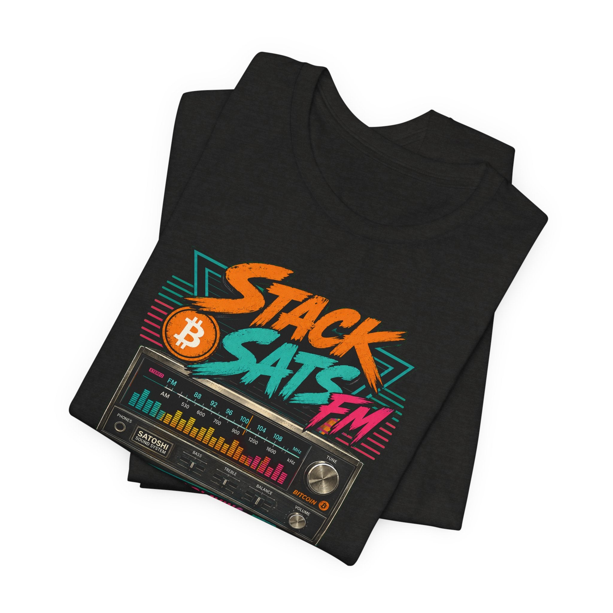 Stack Sats FM Radio cassette graphic T-shirt | Bitcoin hard money 80s retro Tee | Bella Canvas 3001