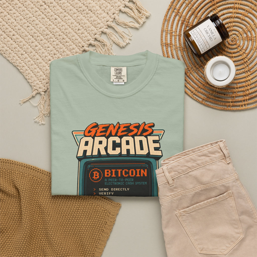 Bitcoin Genesis Block Heavyweight Retro Arcade T-Shirt | "Press Start" Bitcoin Tee | Comfort Colors 1717