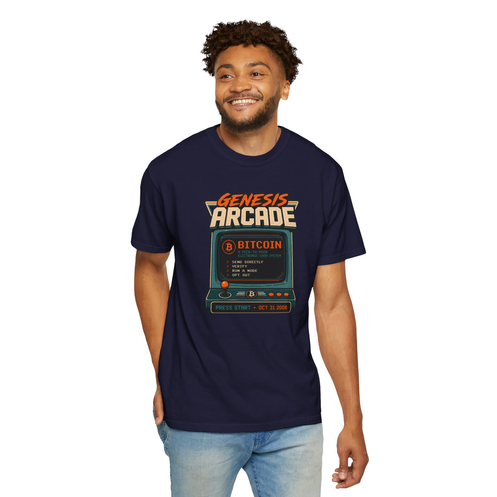 Bitcoin Genesis Block Heavyweight Retro Arcade T-Shirt | "Press Start" Bitcoin Tee | Comfort Colors 1717