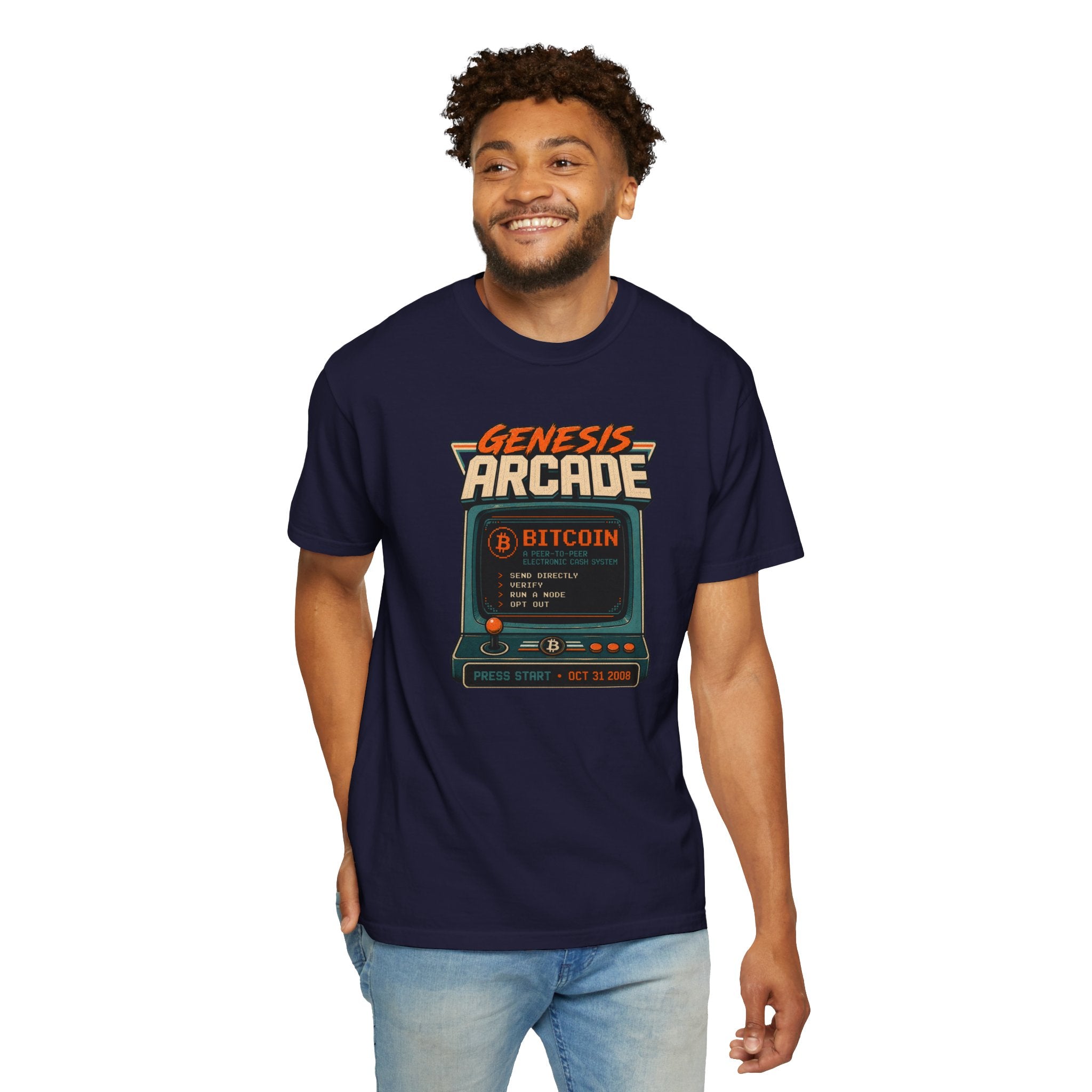 Bitcoin Genesis Block Heavyweight Retro Arcade T-Shirt | "Press Start" Bitcoin Tee | Comfort Colors 1717