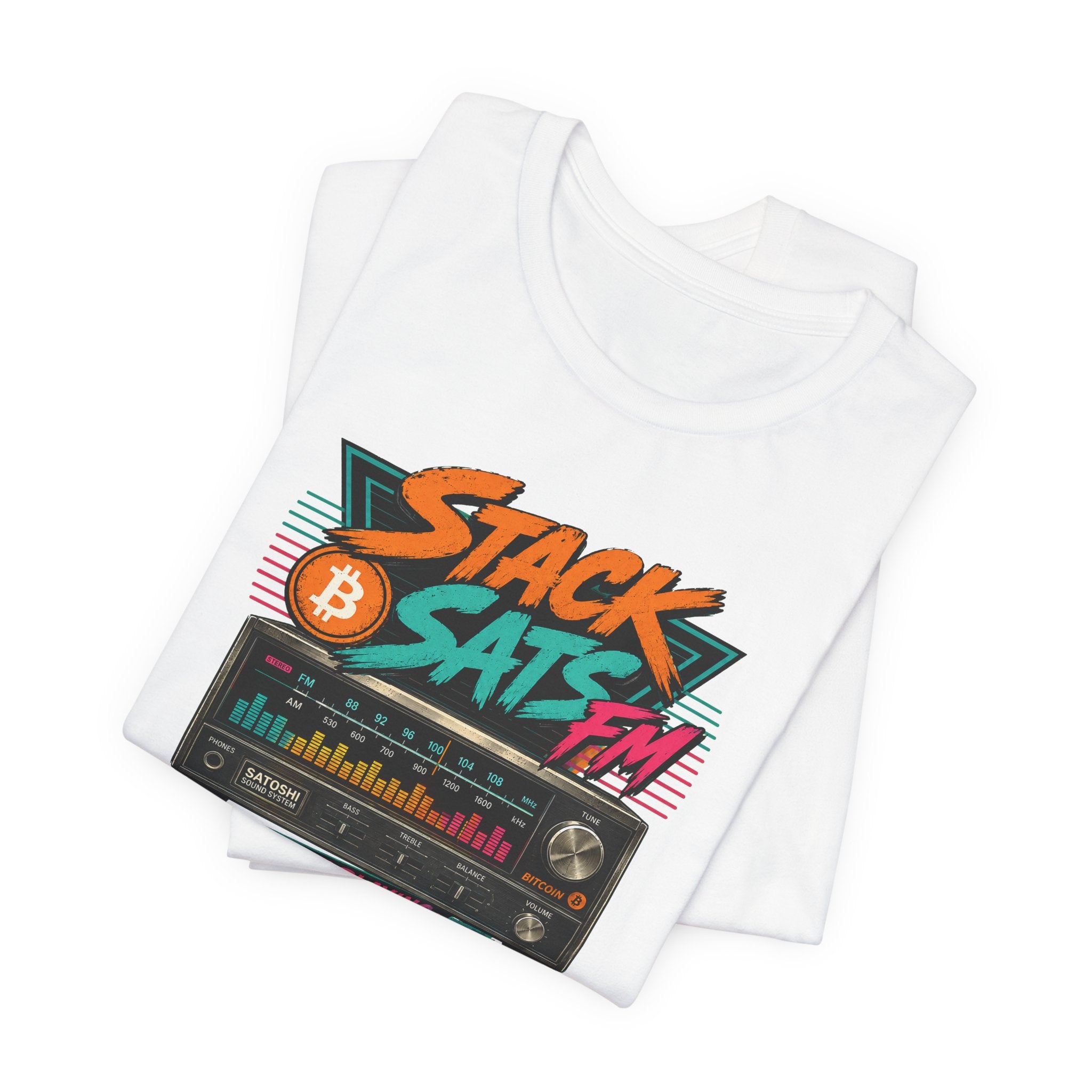 Stack Sats FM Radio cassette graphic T-shirt | Bitcoin hard money 80s retro Tee | Bella Canvas 3001